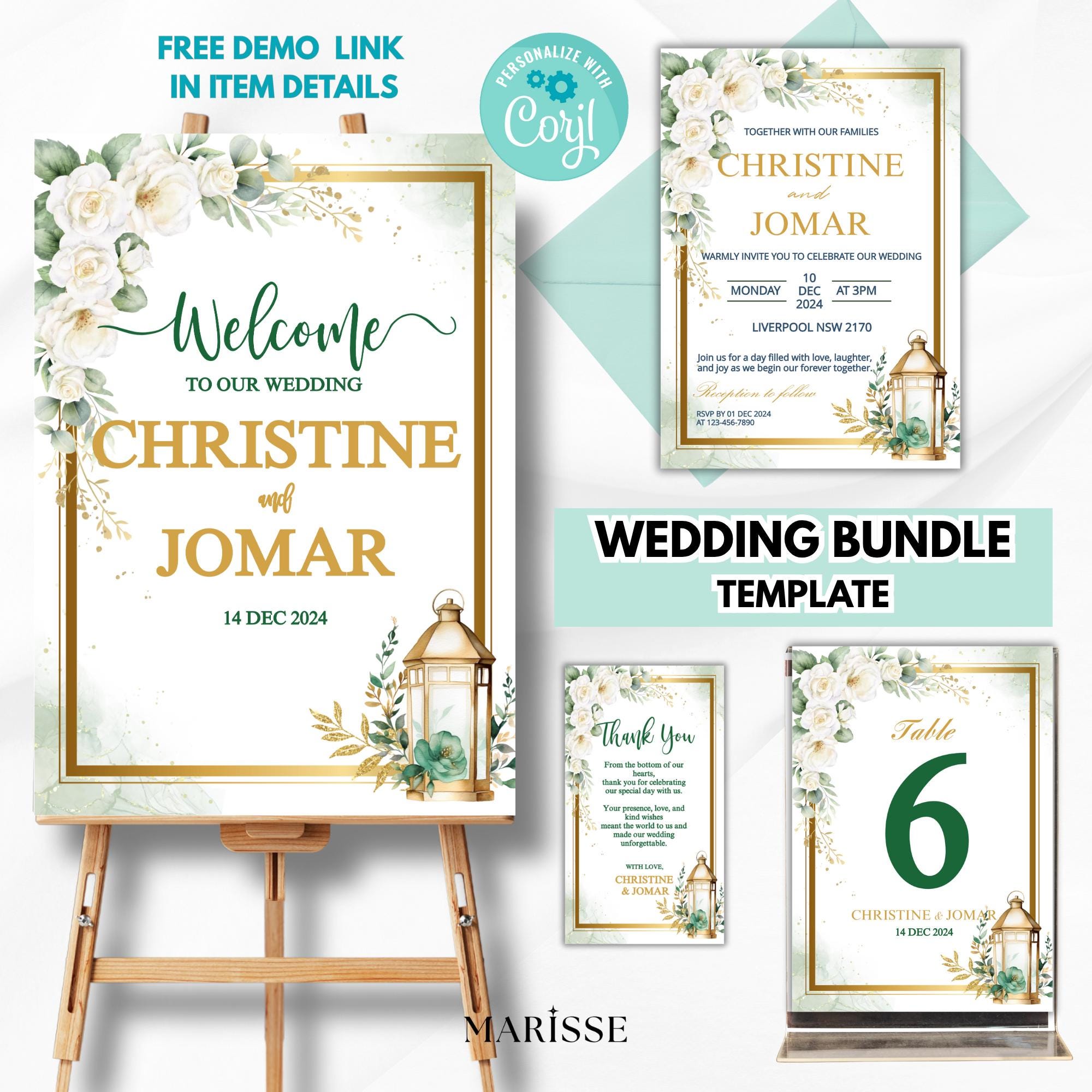 Editable Green Gold Floral Wedding Bundle with Lantern Welcome Sign Invitation Table Number & Thank You Card Digital Templates | CJ003