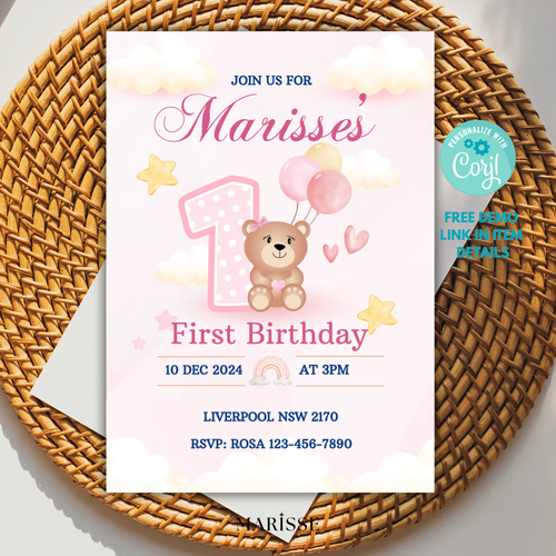 Beary 1st Birthday Invitation Girl | Pink Bear with Bow Balloons Clouds | Editable Birthday Invite Template | Baby Girl Party Digital