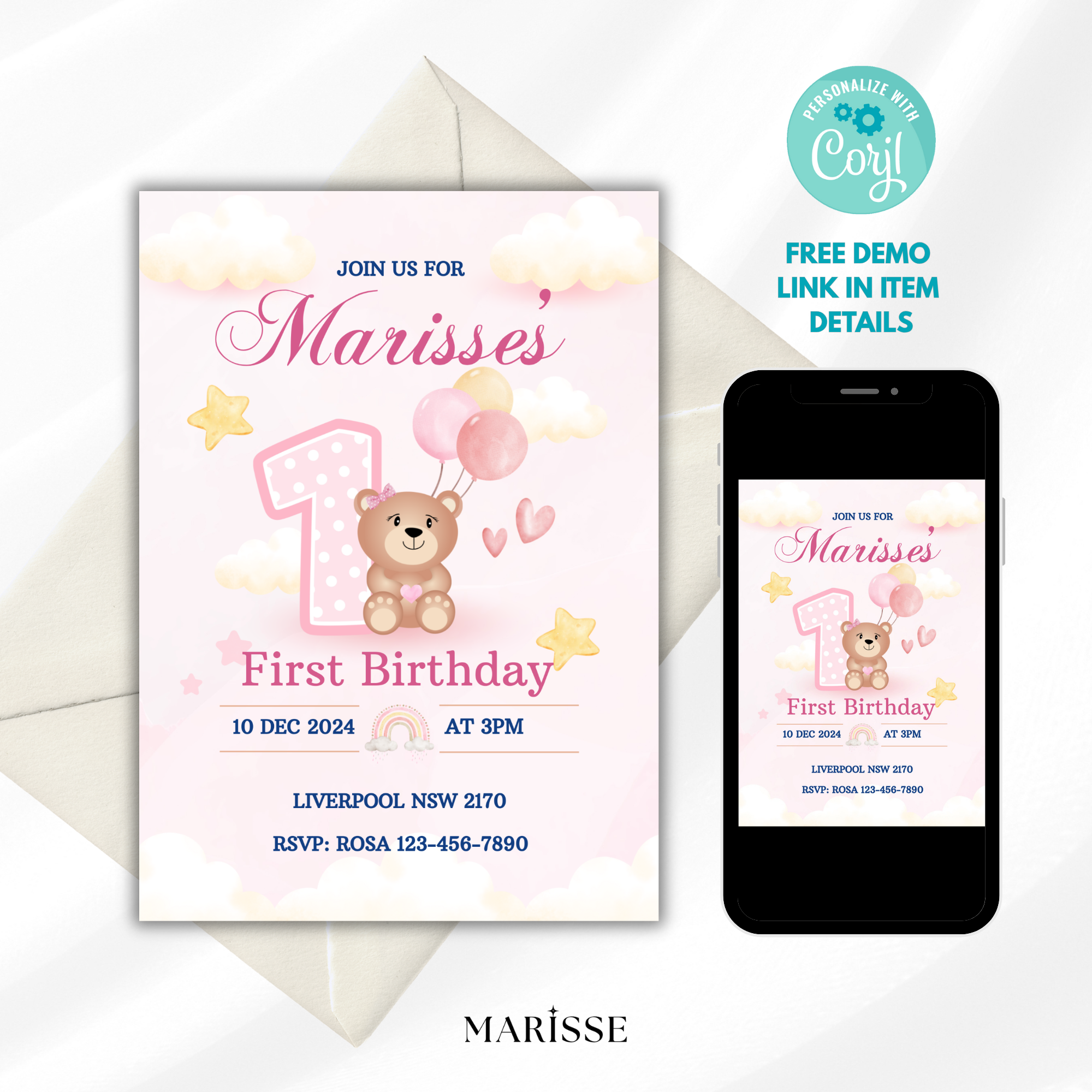 Beary 1st Birthday Invitation Girl | Pink Bear with Bow Balloons Clouds | Editable Birthday Invite Template | Baby Girl Party Digital