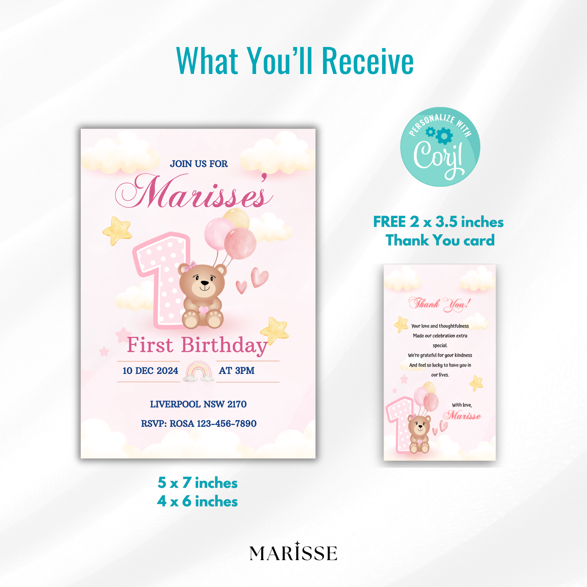Beary 1st Birthday Invitation Girl | Pink Bear with Bow Balloons Clouds | Editable Birthday Invite Template | Baby Girl Party Digital