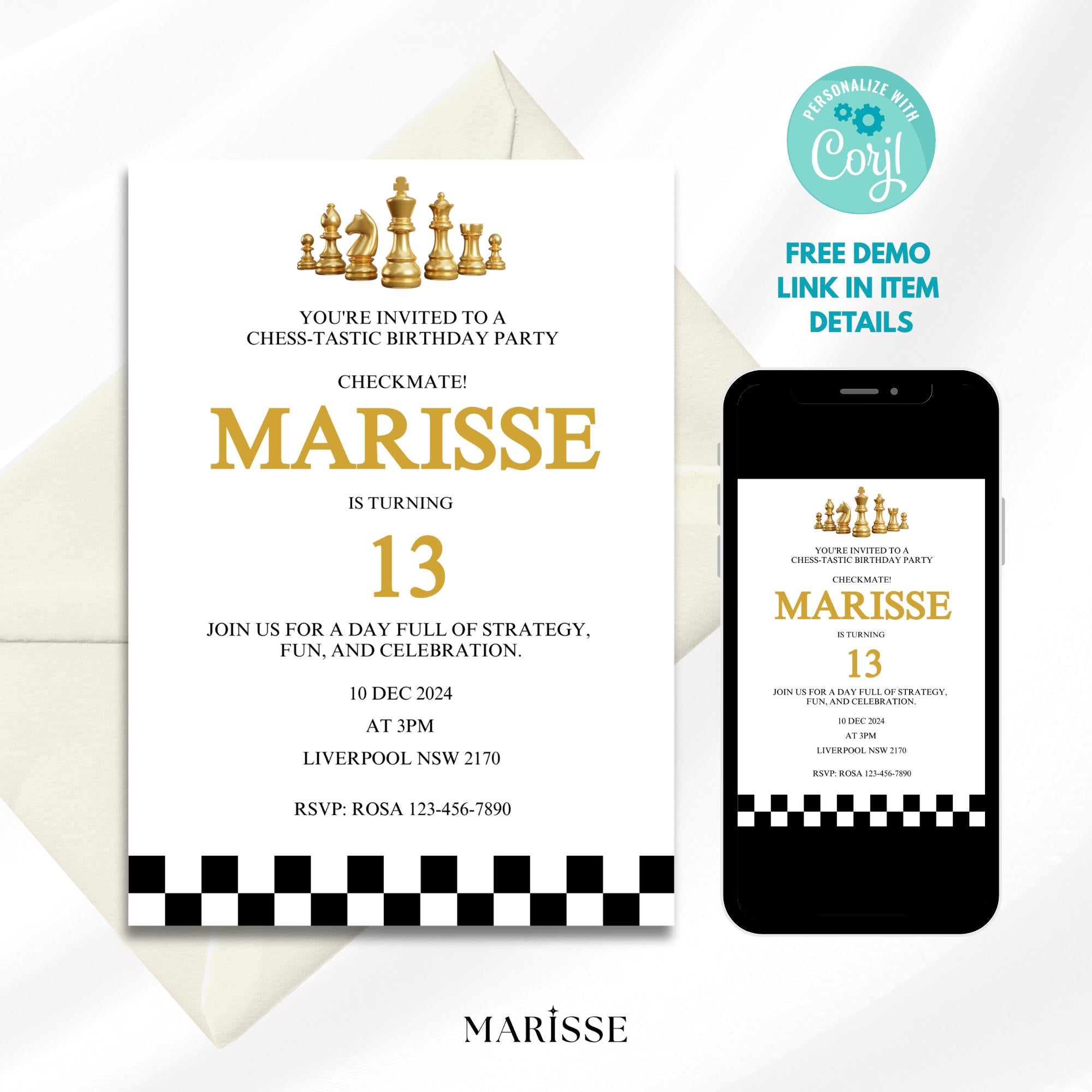 Editable Chess Birthday Invitation Template For Boys & Girls Chess Party Invite Kids Printable Chess Theme Digital Product Instant Download