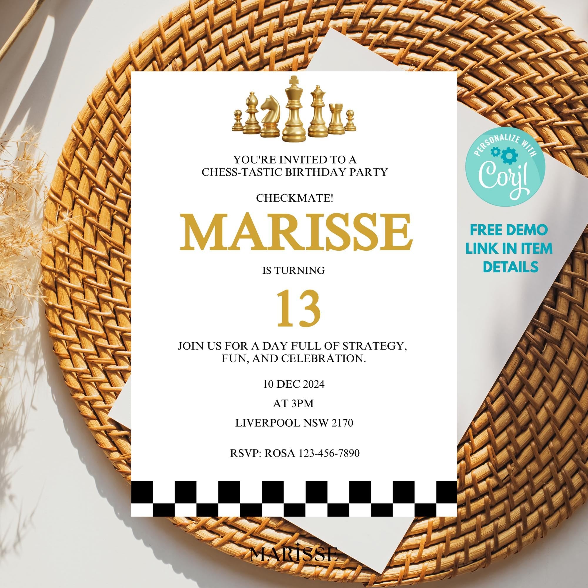 Editable Chess Birthday Invitation Template For Boys & Girls Chess Party Invite Kids Printable Chess Theme Digital Product Instant Download