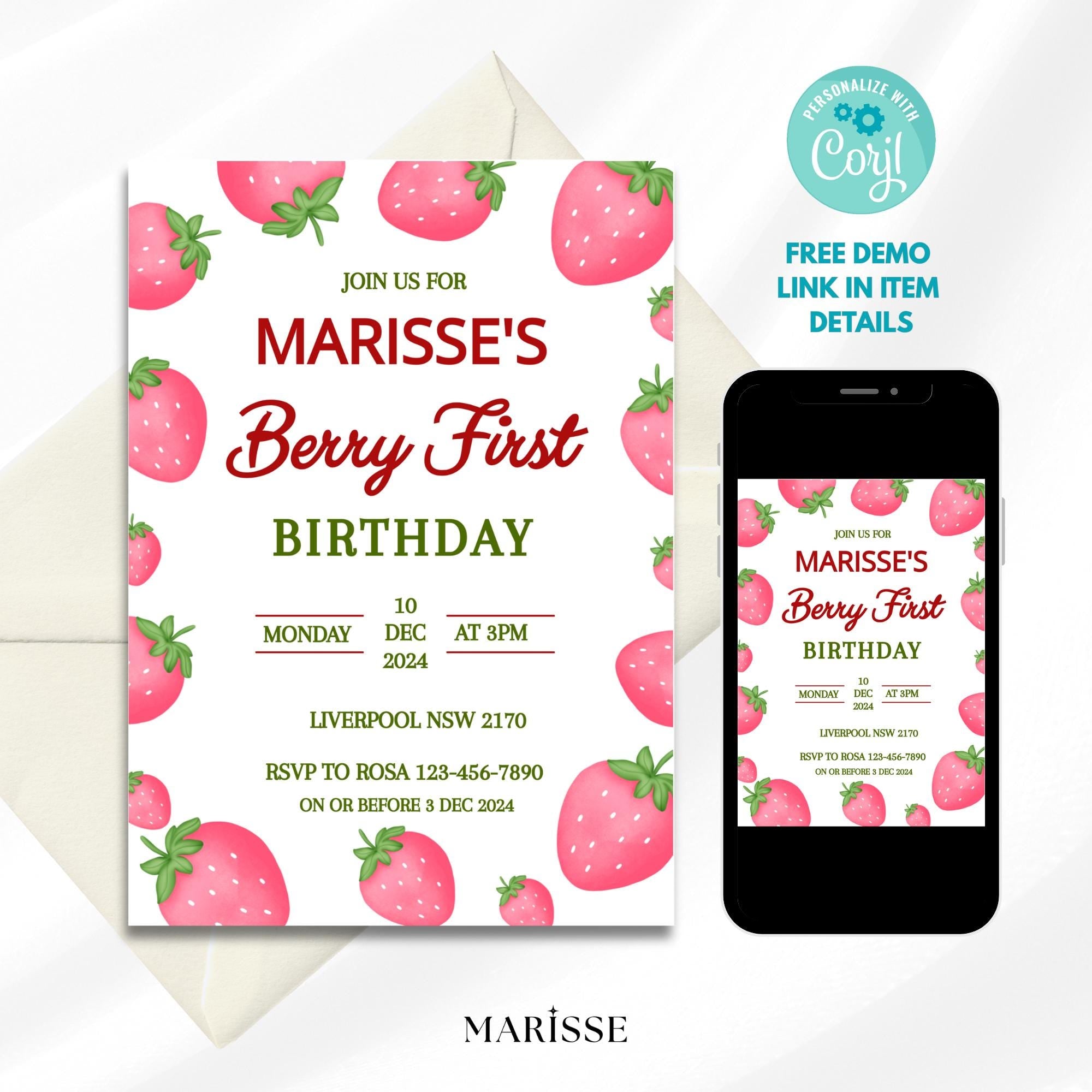 Editable Berry First Birthday Invitation Strawberry Theme Girl 1st Birthday Invite Printable Digital Product Instant Download Template