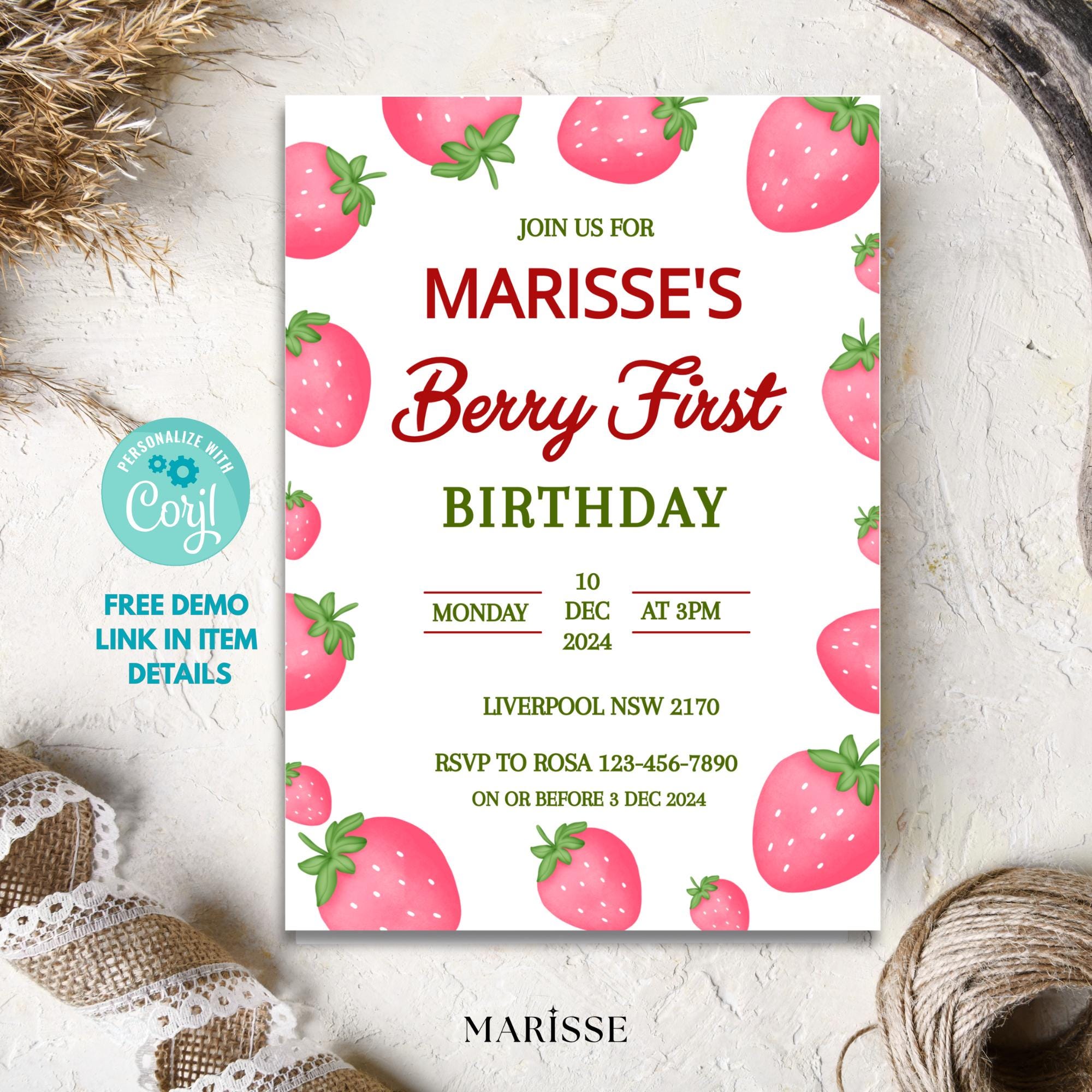 Editable Berry First Birthday Invitation Strawberry Theme Girl 1st Birthday Invite Printable Digital Product Instant Download Template