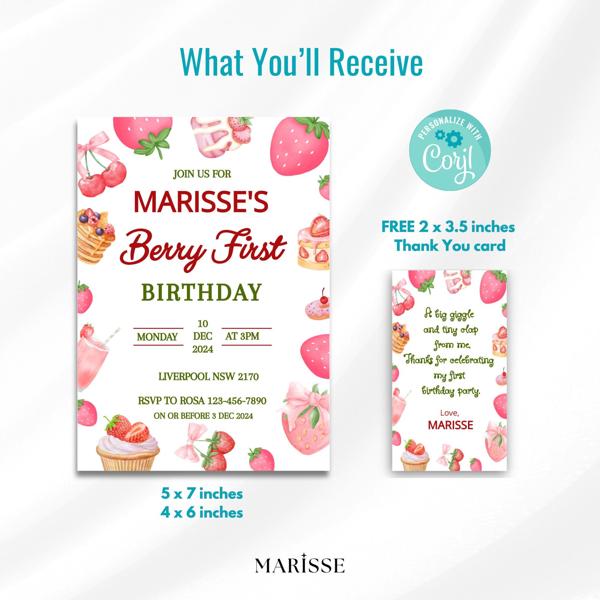 Editable Berry First Birthday Invitation Strawberry Party Invite For Girl Dessert Theme Birthday Digital Product Instant Download Template