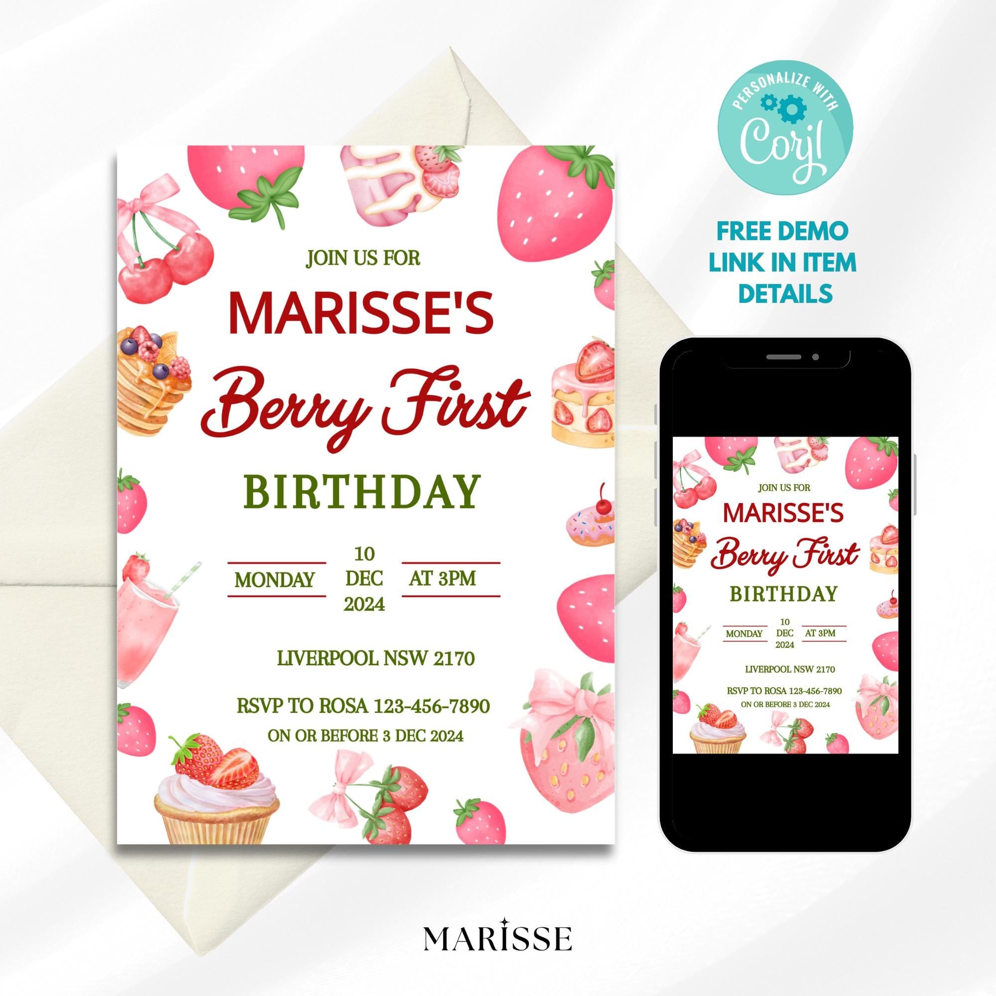 Editable Berry First Birthday Invitation Strawberry Party Invite For Girl Dessert Theme Birthday Digital Product Instant Download Template