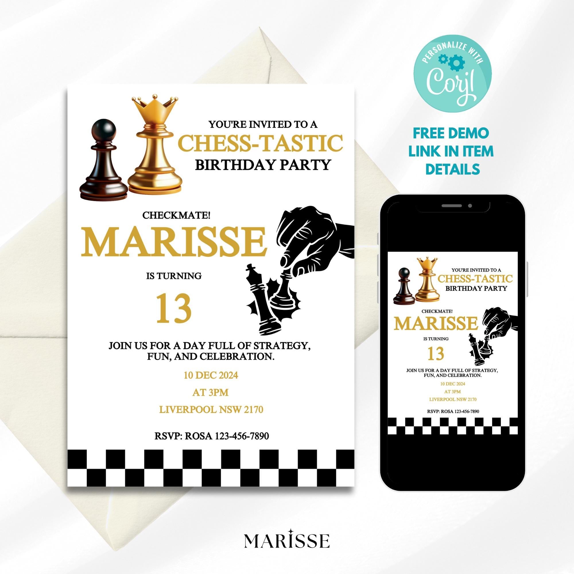 Editable Digital Invite For Chess Lover Chess Birthday Invitation Template Kids Party Invitation Game Night Chess Theme Printable Download