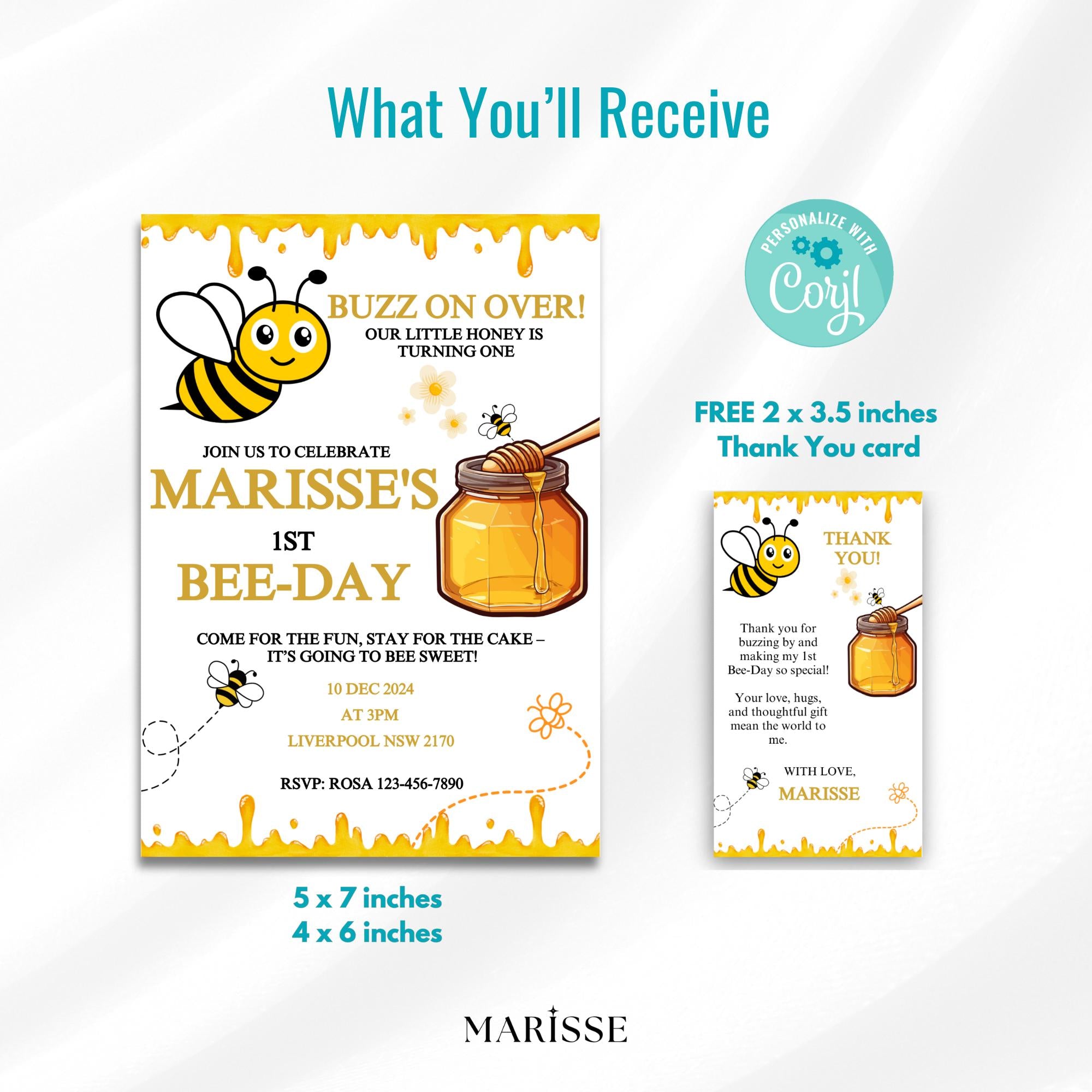Editable Bee 1st Birthday Invitation Honey Bee Theme Party Invite Girl Or Boy Bee Day Digital Product Printable Birthday Template Download