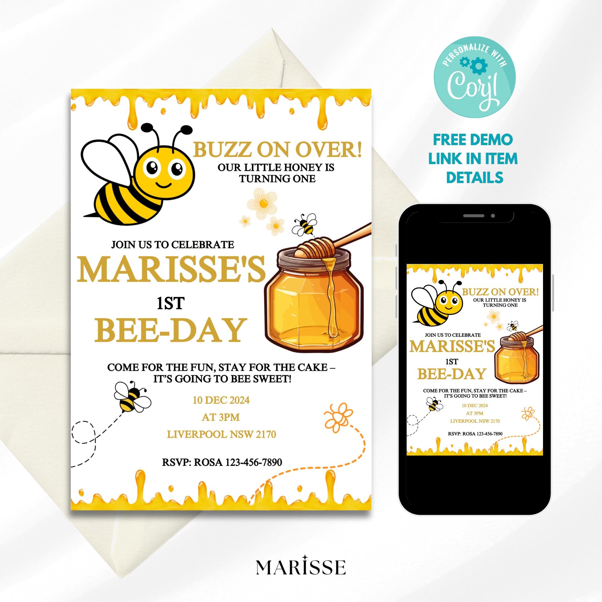 Editable Bee 1st Birthday Invitation Honey Bee Theme Party Invite Girl Or Boy Bee Day Digital Product Printable Birthday Template Download