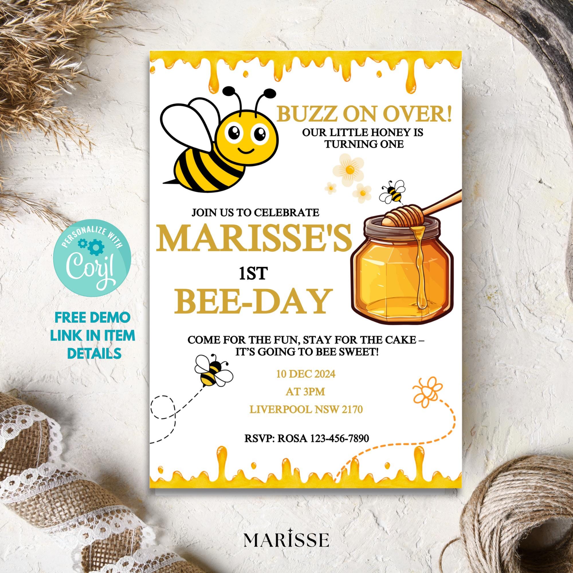 Editable Bee 1st Birthday Invitation Honey Bee Theme Party Invite Girl Or Boy Bee Day Digital Product Printable Birthday Template Download