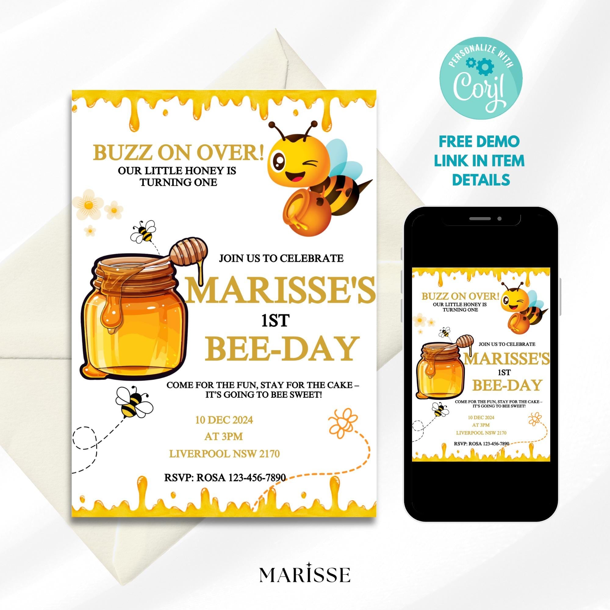 Editable Bee Day Party Invite Bee 1st Birthday Invitation Template Honey Bee Birthday For Girl Or Boy Digital Product Printable Download