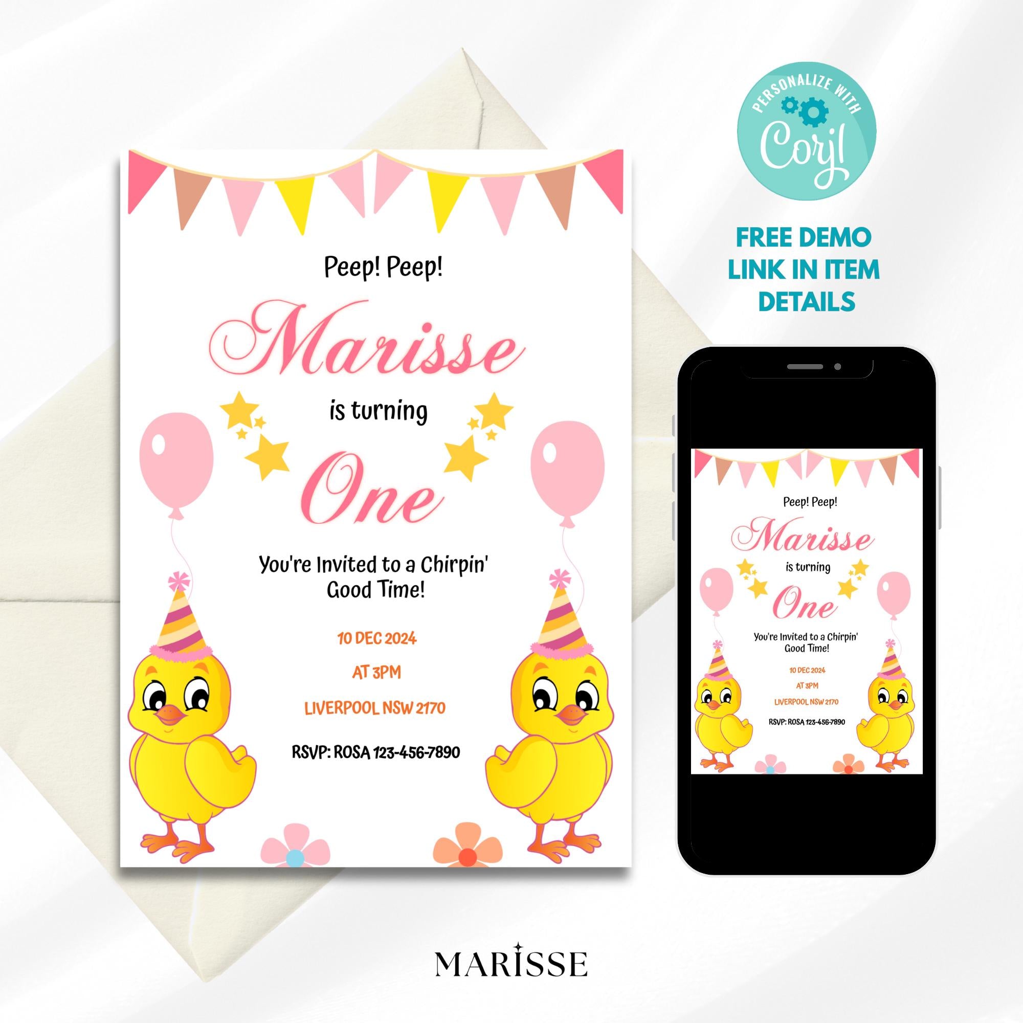 Editable Chick Birthday Invitation Baby Chick 1st Birthday Invite Farm Theme Party Digital Product Printable Download Invitation Template
