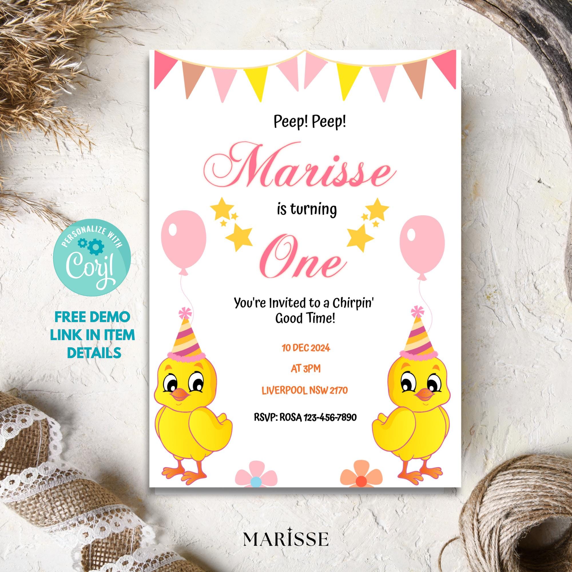 Editable Chick Birthday Invitation Baby Chick 1st Birthday Invite Farm Theme Party Digital Product Printable Download Invitation Template