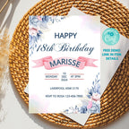 Editable Blue Floral 18th Birthday Invitation Digital Invite For Her Elegant Watercolour Birthday Card Digital Product Instant Download