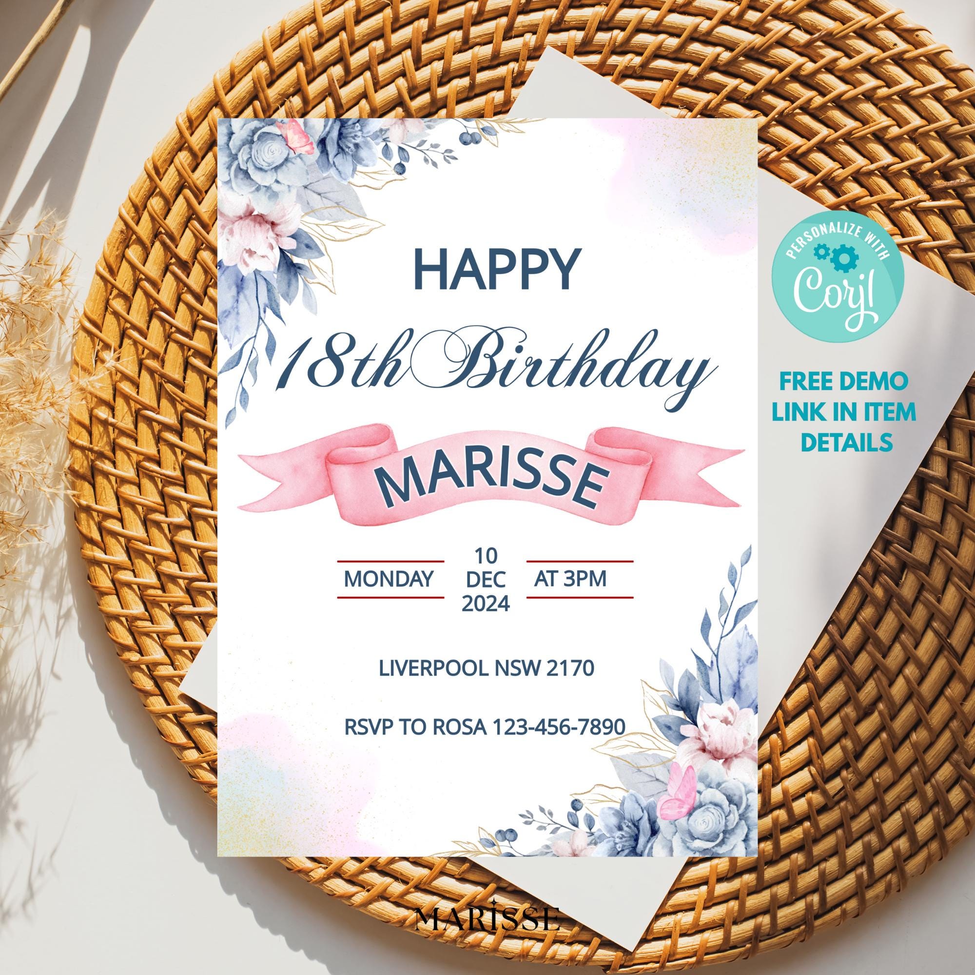 Editable Blue Floral 18th Birthday Invitation Digital Invite For Her Elegant Watercolour Birthday Card Digital Product Instant Download