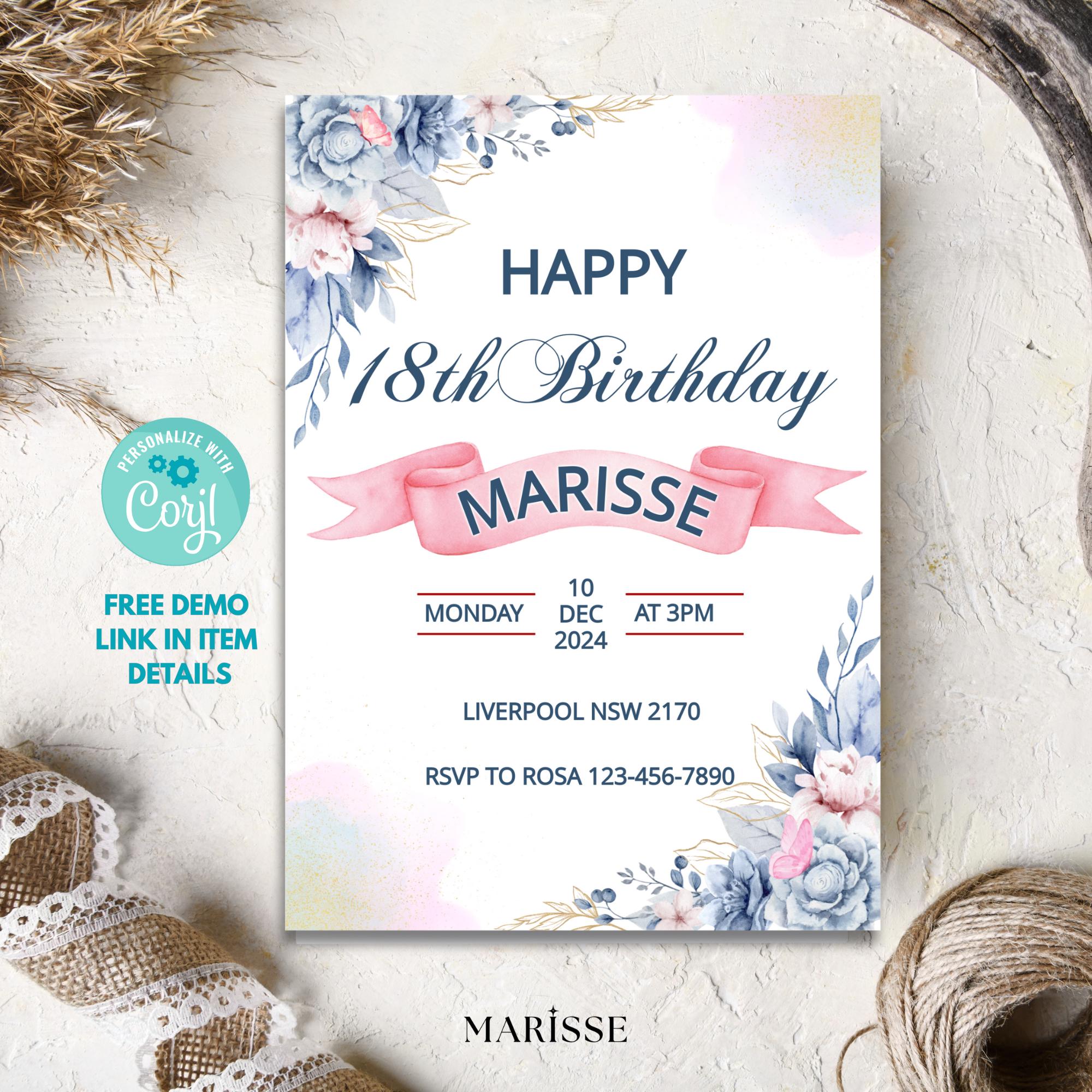 Editable Blue Floral 18th Birthday Invitation Digital Invite For Her Elegant Watercolour Birthday Card Digital Product Instant Download