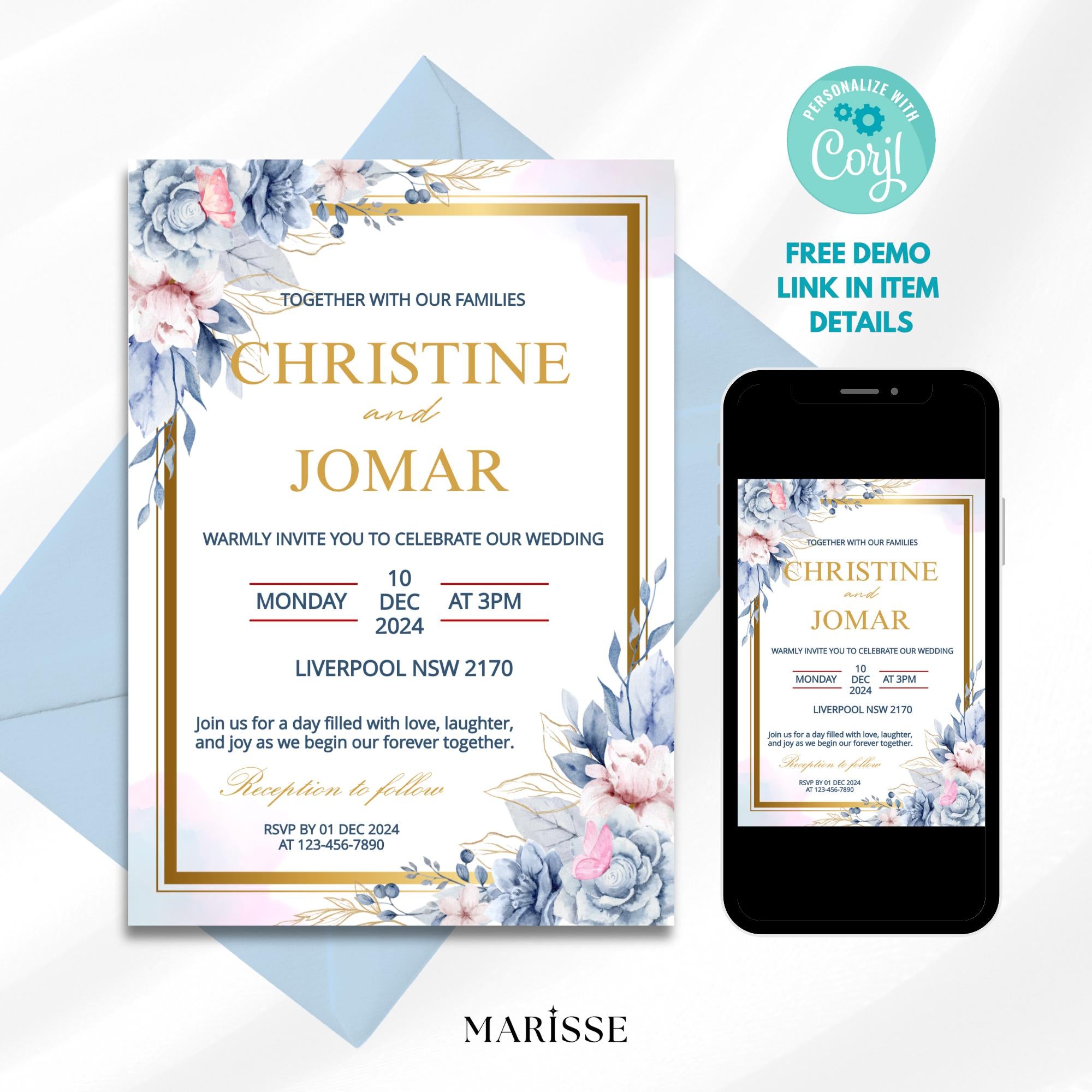 Editable Elegant Floral Invitation Template Blue Flower Design For Wedding Digital Product Printable Invite Card Instant Download | CJ001