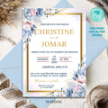 Editable Elegant Floral Invitation Template Blue Flower Design For Wedding Digital Product Printable Invite Card Instant Download | CJ001