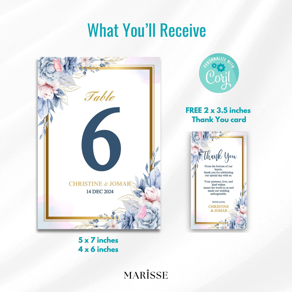 Editable Blue Floral Wedding Table Number Template, Elegant Table Sign, Printable Table Numbers, Digital Wedding Decor | CJ001