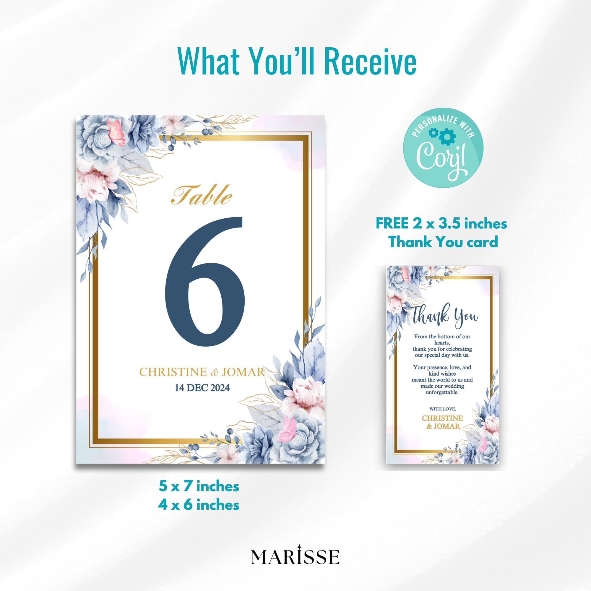 Editable Blue Floral Wedding Table Number Template, Elegant Table Sign, Printable Table Numbers, Digital Wedding Decor | CJ001