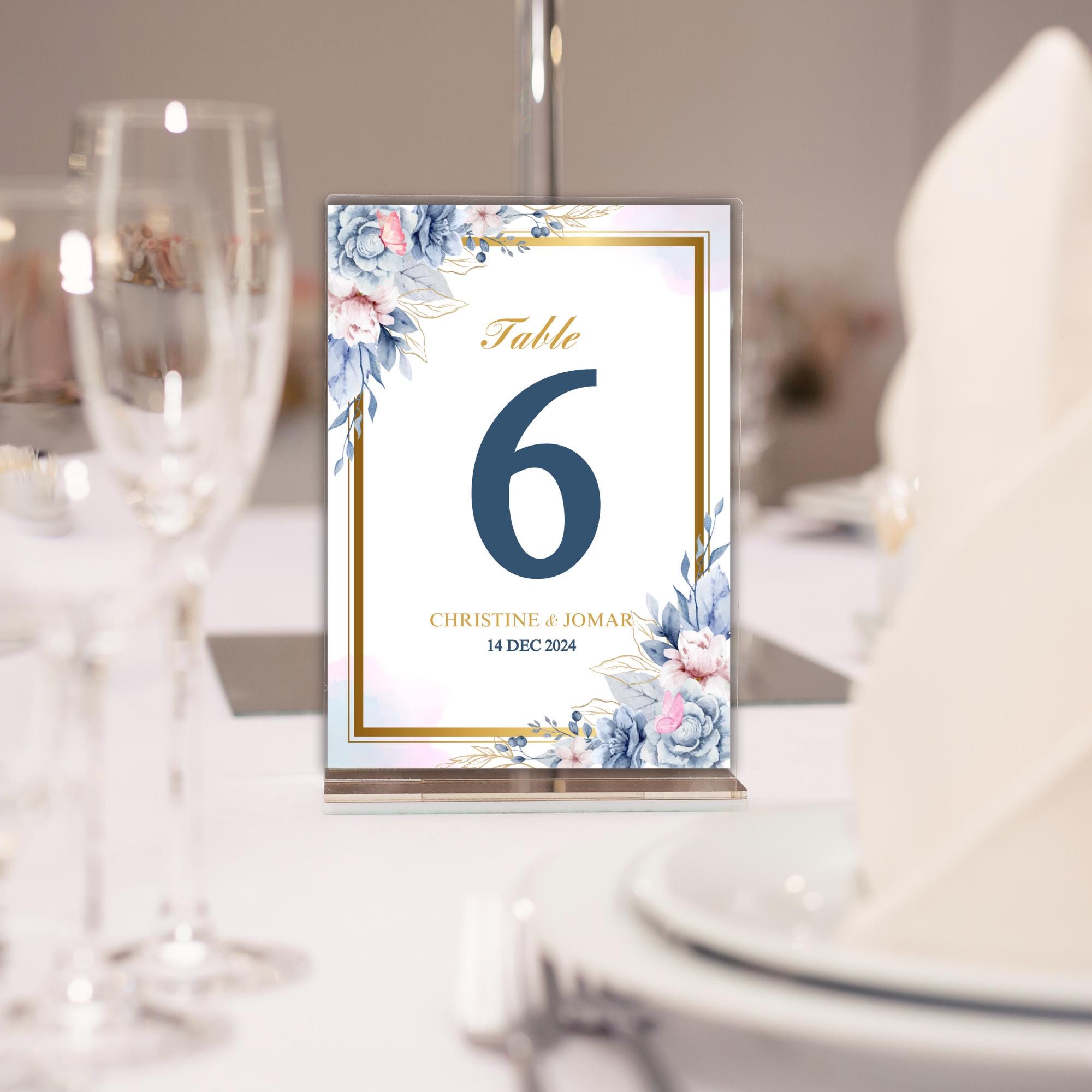 Editable Blue Floral Wedding Table Number Template, Elegant Table Sign, Printable Table Numbers, Digital Wedding Decor | CJ001