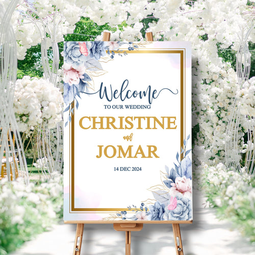 Blue Floral Wedding Bundle Template Editable Welcome Sign Invitation Table Number & Thank You Card  Printable Blue Wedding Set | CJ001