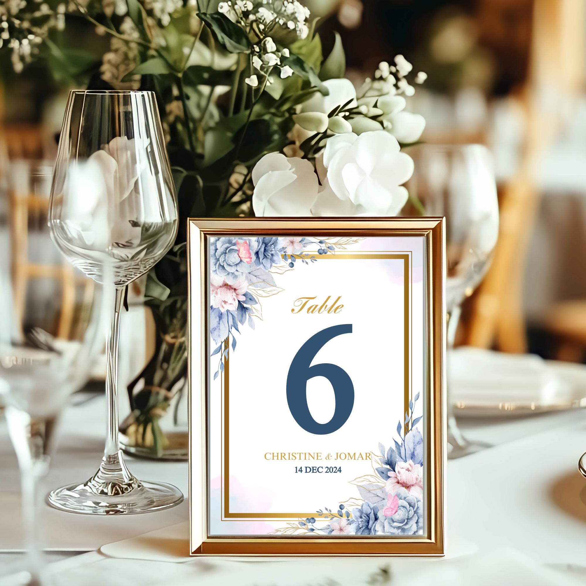 Blue Floral Wedding Bundle Template Editable Welcome Sign Invitation Table Number & Thank You Card  Printable Blue Wedding Set | CJ001