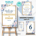 Blue Floral Wedding Bundle Template Editable Welcome Sign Invitation Table Number & Thank You Card  Printable Blue Wedding Set | CJ001
