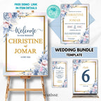 Blue Floral Wedding Bundle Template Editable Welcome Sign Invitation Table Number & Thank You Card  Printable Blue Wedding Set | CJ001