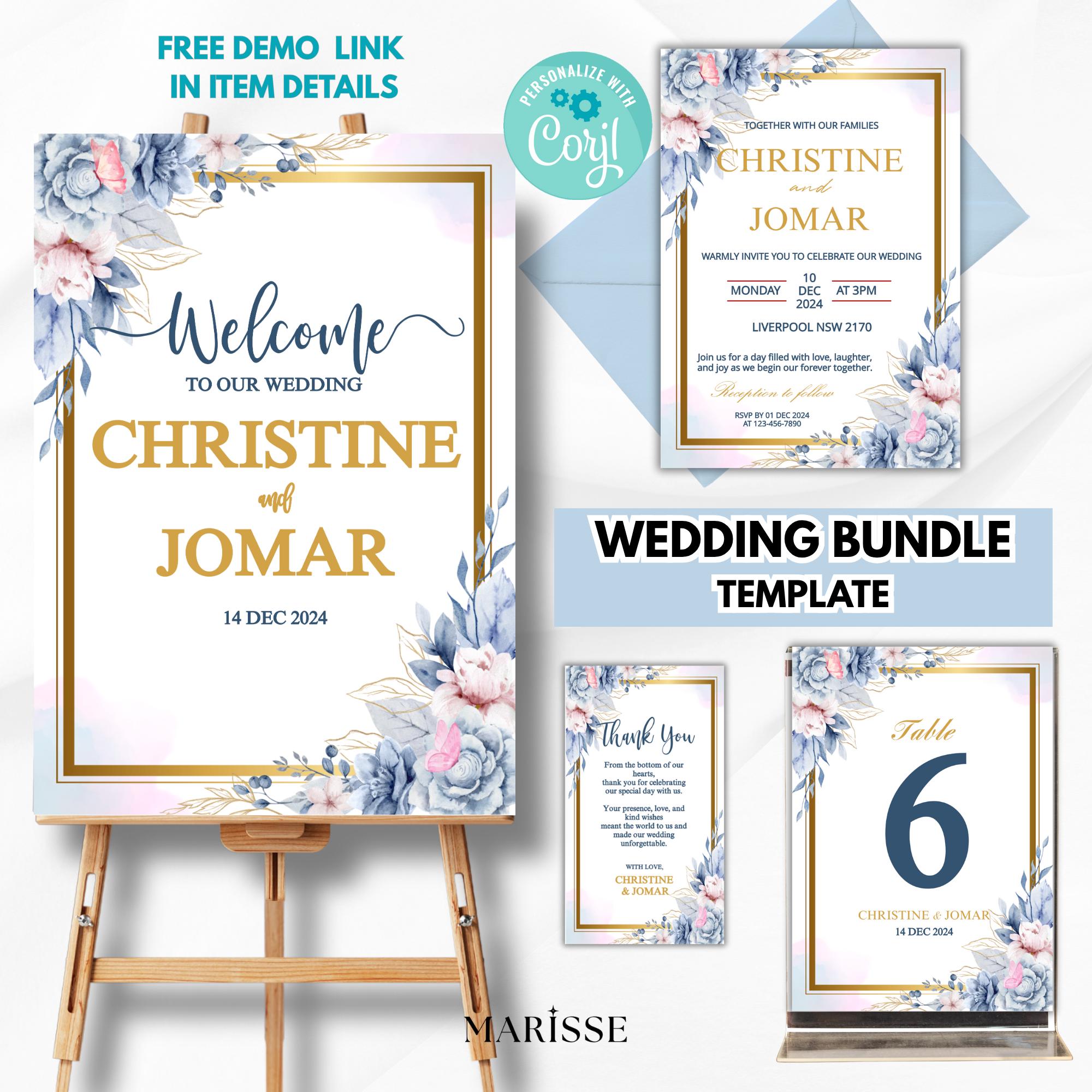 Blue Floral Wedding Bundle Template Editable Welcome Sign Invitation Table Number & Thank You Card  Printable Blue Wedding Set | CJ001