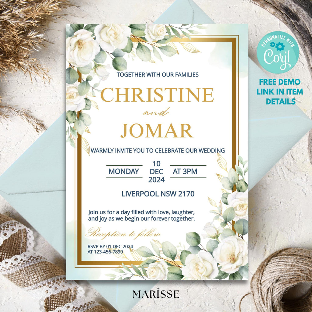 Editable Green and White Floral Wedding Invitation Template Digital Invite Elegant Printable Wedding Card Instant Download | CJ002