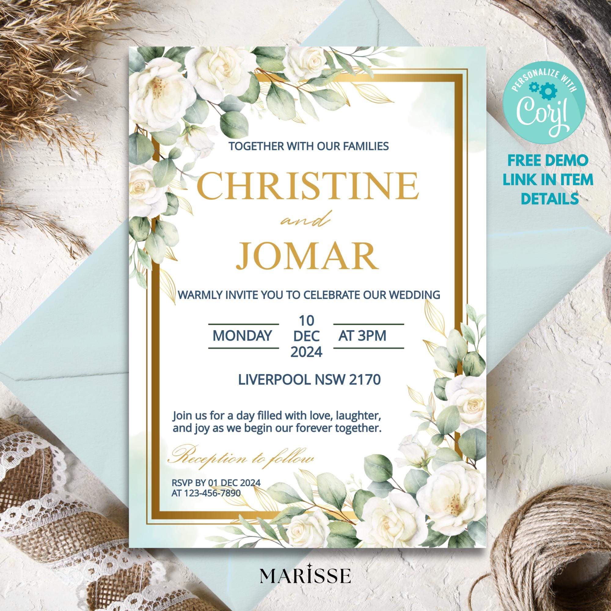 Editable Green and White Floral Wedding Invitation Template Digital Invite Elegant Printable Wedding Card Instant Download | CJ002