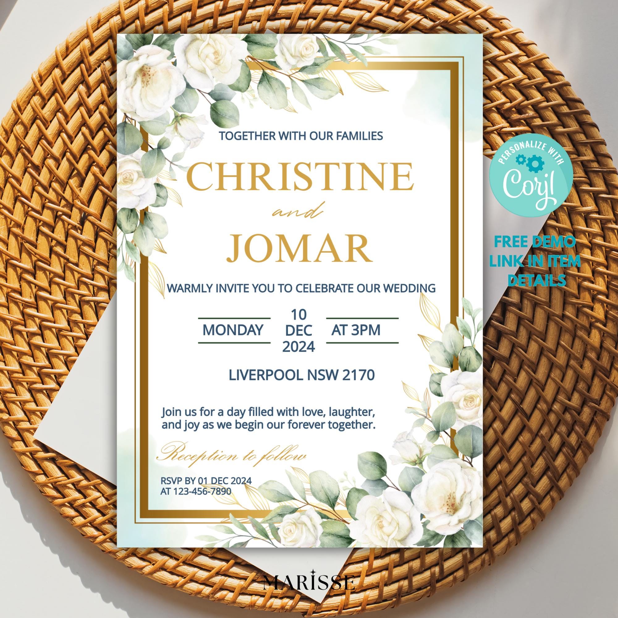 Editable Green and White Floral Wedding Invitation Template Digital Invite Elegant Printable Wedding Card Instant Download | CJ002