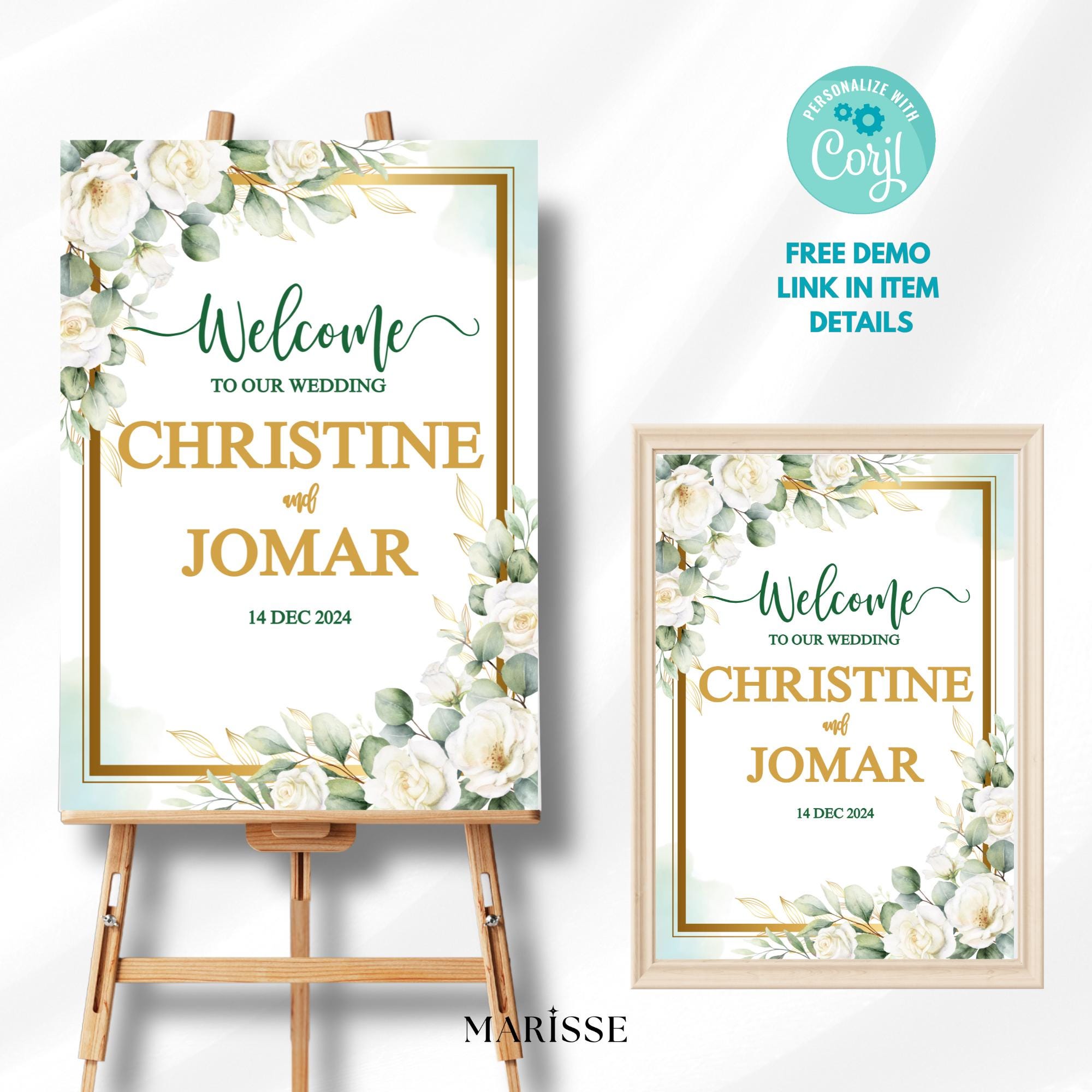 Editable Green Gold Floral Wedding Welcome Sign Elegant Wedding Signage Template Printable Digital Welcome Board Wedding Decor | CJ002