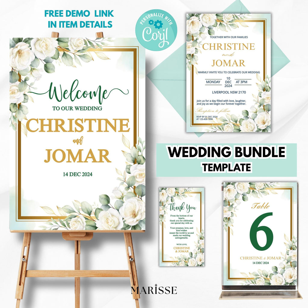 Editable Green Floral Wedding Bundle Template Welcome Sign Invitation Table Number & Thank You Card Green Wedding Set | CJ002