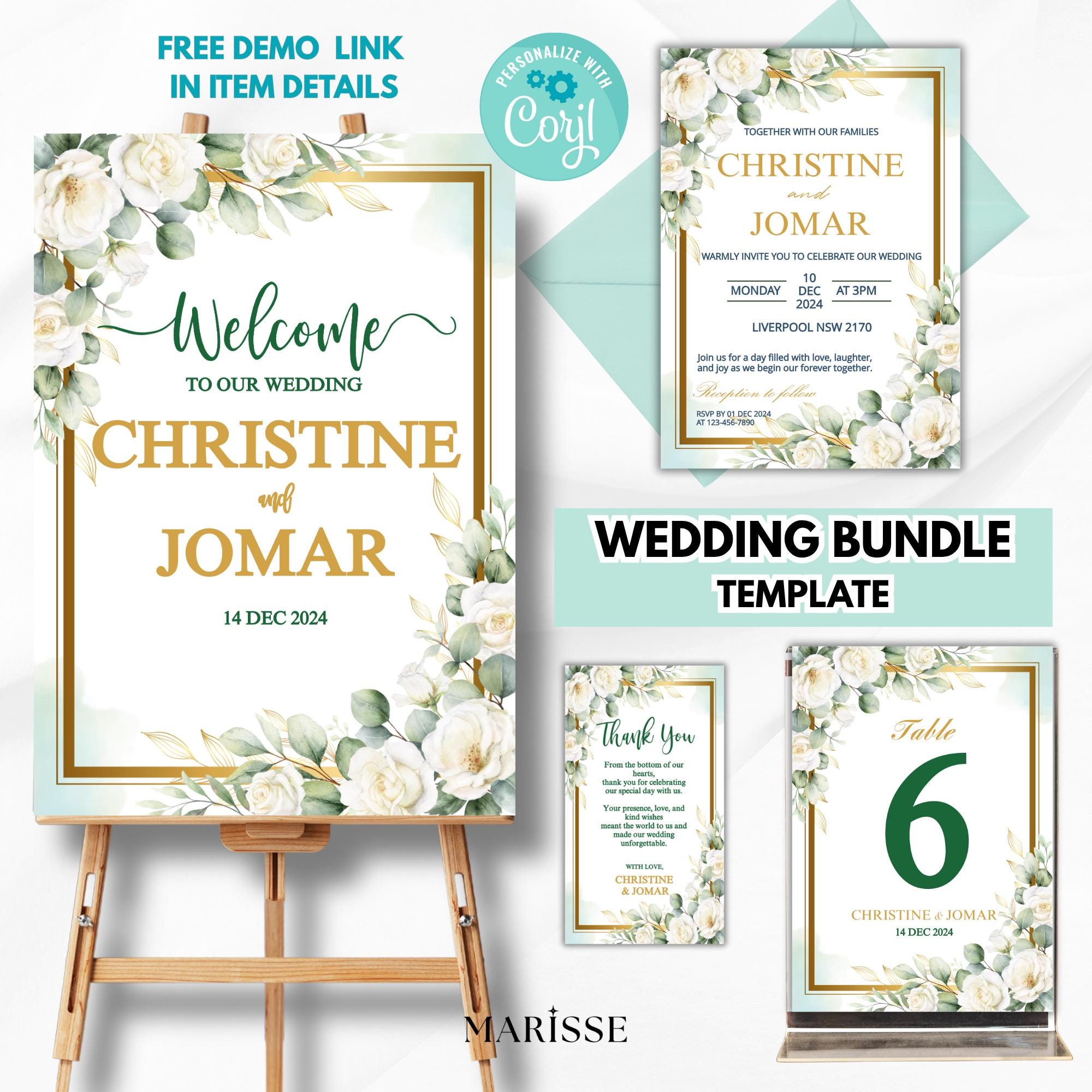 Editable Green Floral Wedding Bundle Template Welcome Sign Invitation Table Number & Thank You Card Green Wedding Set | CJ002