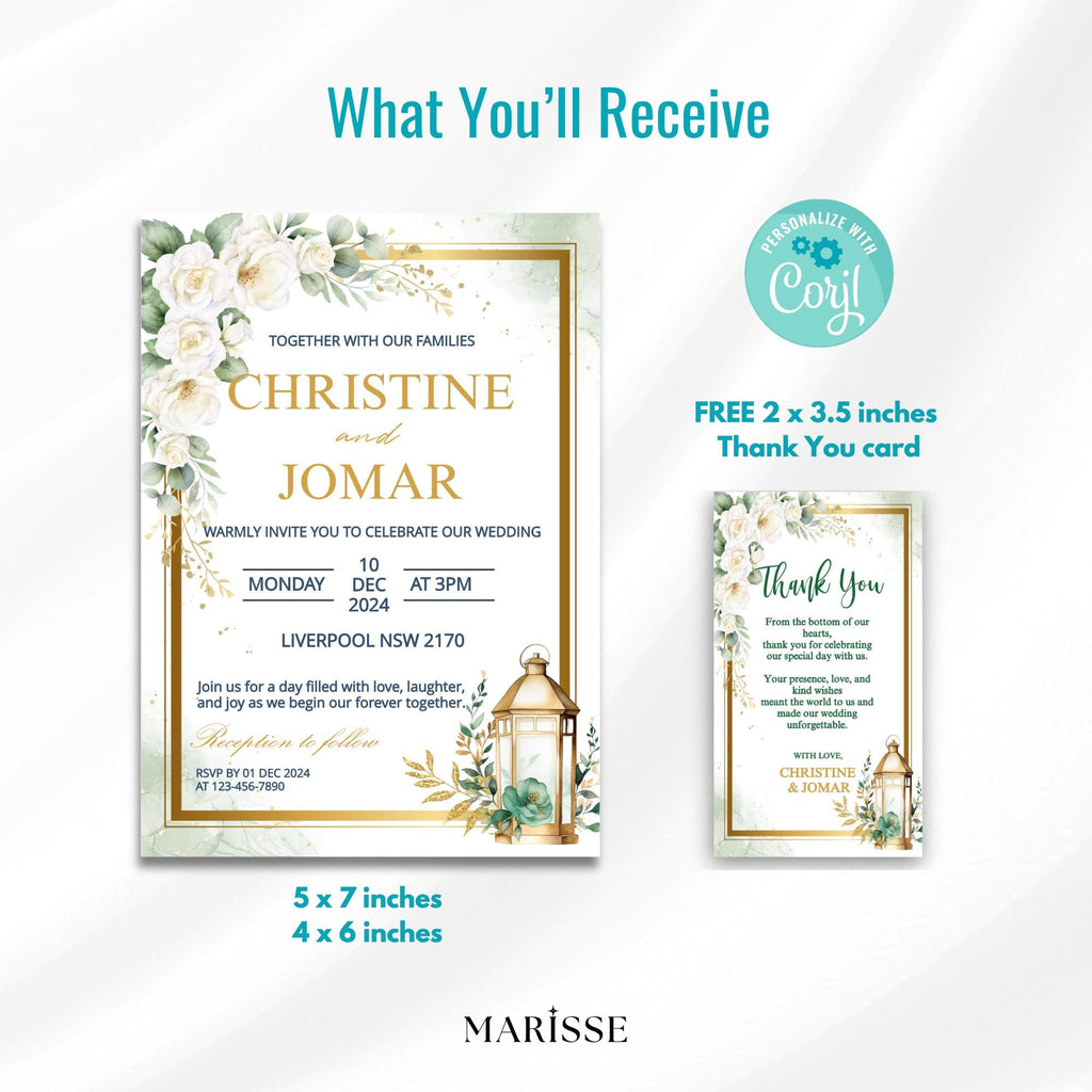 Editable Green Gold Floral Wedding Invitation Elegant Printable Invite Digital Download Wedding Card Botanical Wedding Design | CJ003