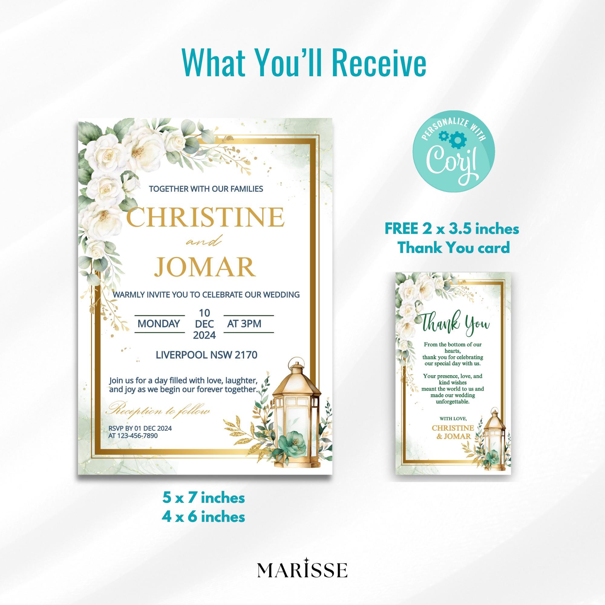 Editable Green Gold Floral Wedding Invitation Elegant Printable Invite Digital Download Wedding Card Botanical Wedding Design | CJ003
