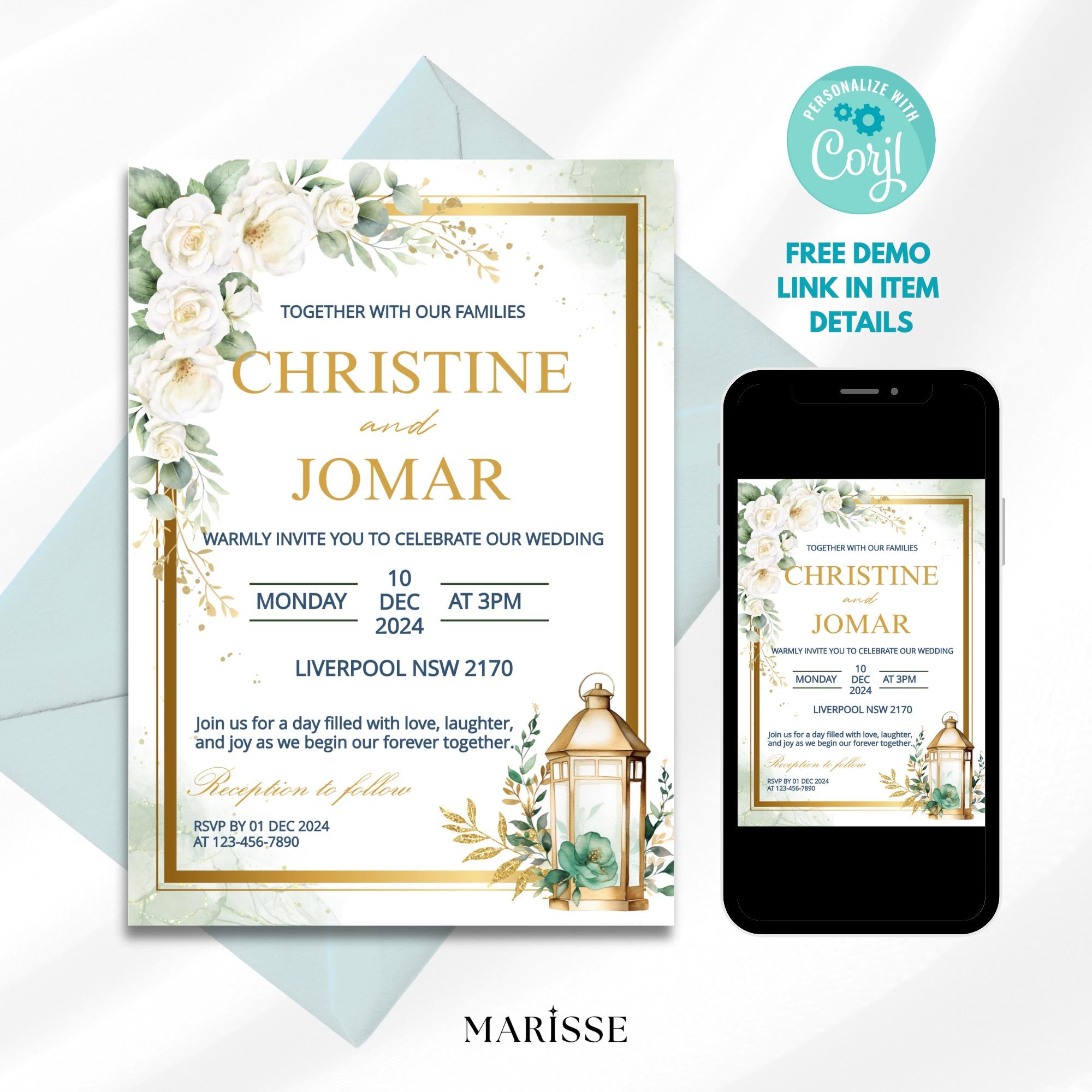 Editable Green Gold Floral Wedding Invitation Elegant Printable Invite Digital Download Wedding Card Botanical Wedding Design | CJ003