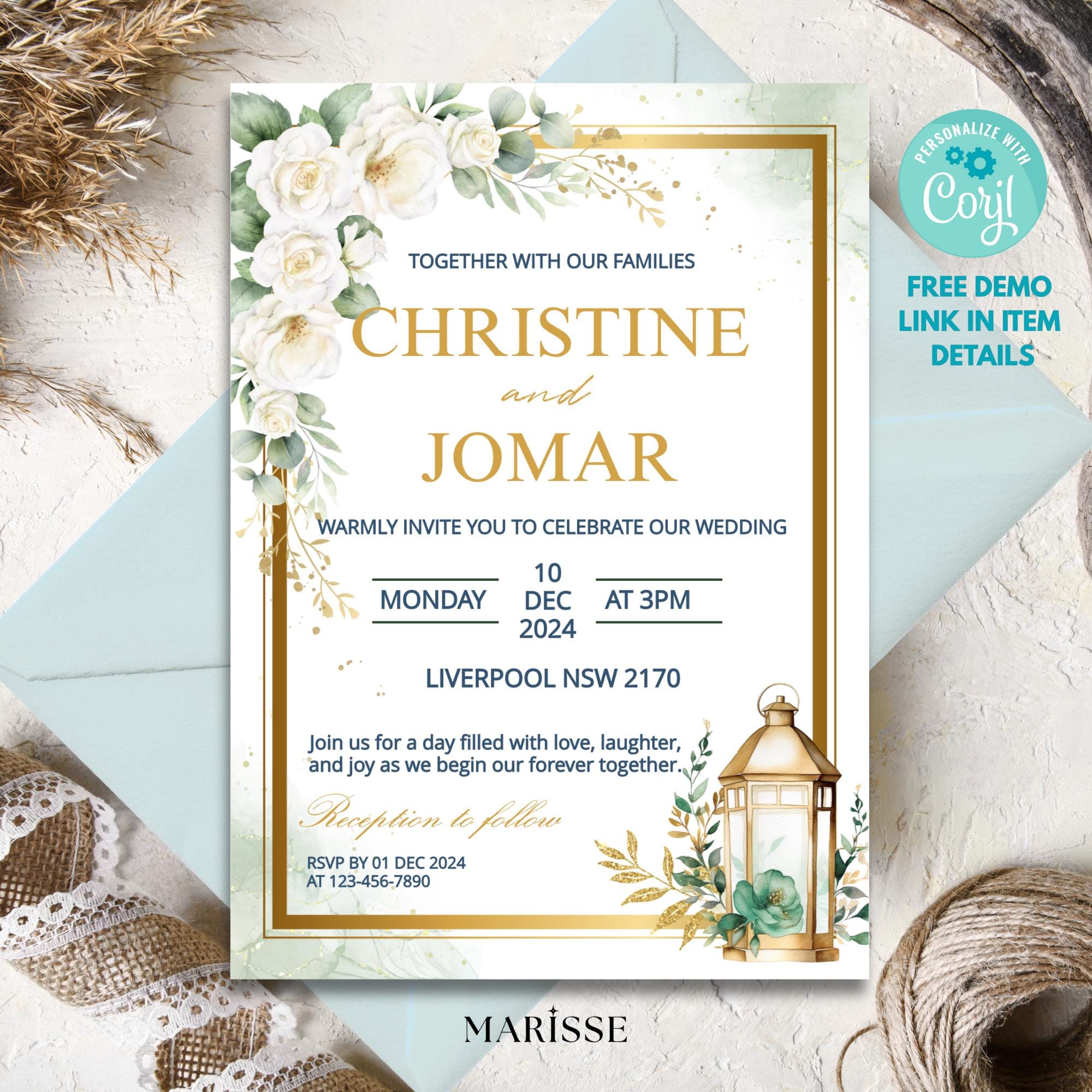Editable Green Gold Floral Wedding Invitation Elegant Printable Invite Digital Download Wedding Card Botanical Wedding Design | CJ003