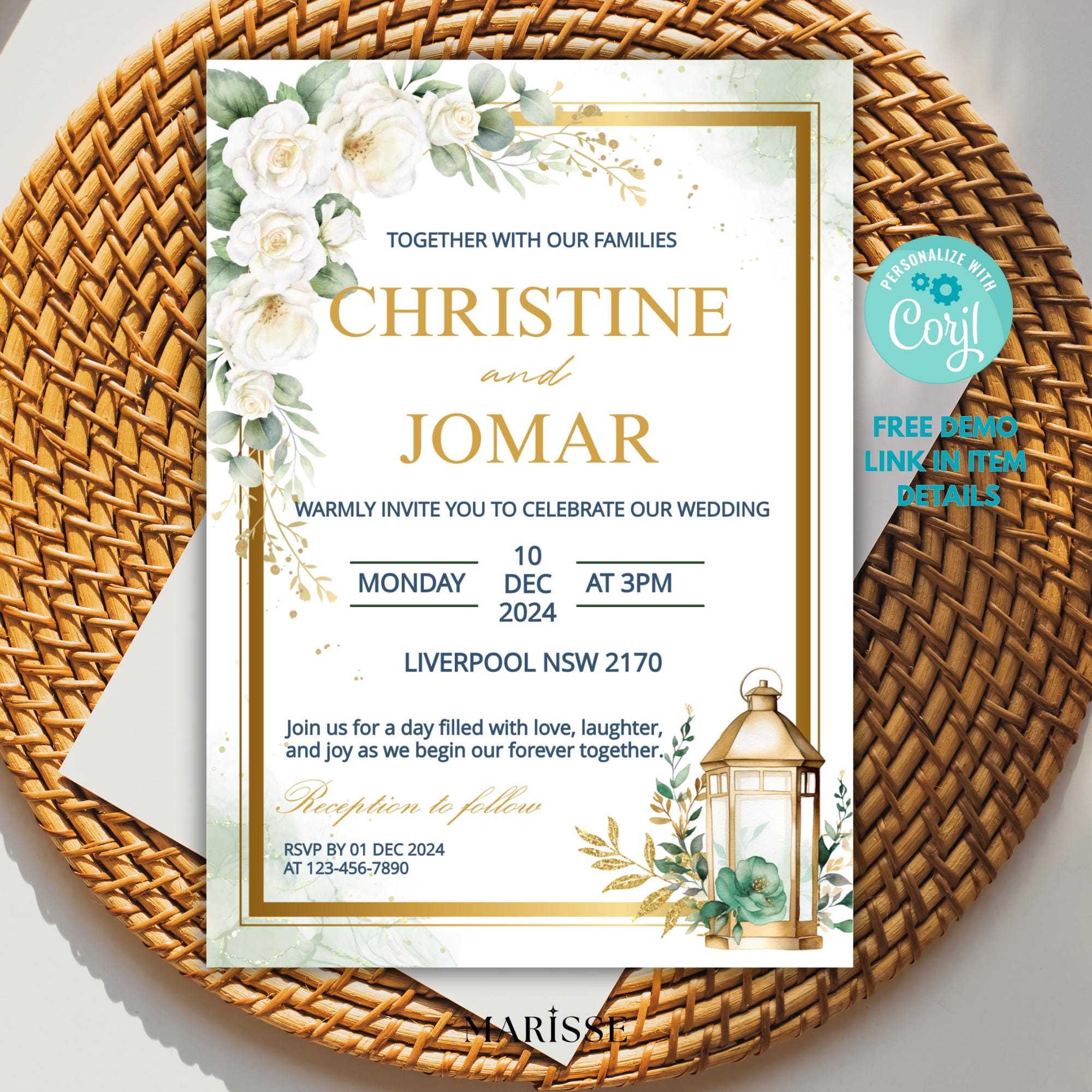 Editable Green Gold Floral Wedding Invitation Elegant Printable Invite Digital Download Wedding Card Botanical Wedding Design | CJ003