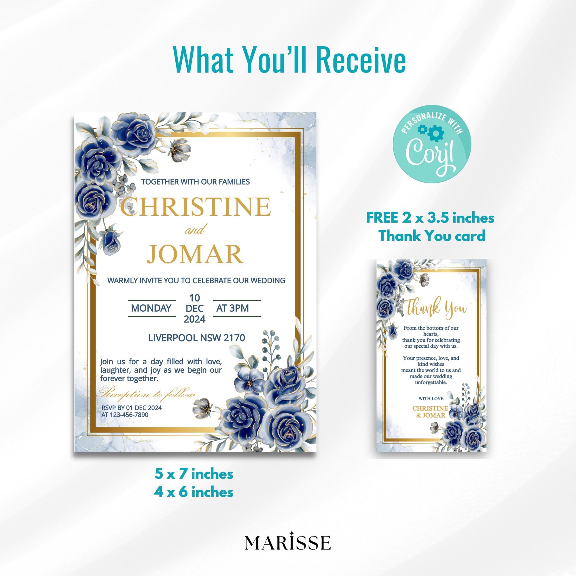 Editable Blue Gold Floral Wedding Invitation Elegant Printable Wedding Card Digital Download Classic Navy Wedding Invite | CJ004