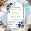 Editable Blue Gold Floral Wedding Invitation Elegant Printable Wedding Card Digital Download Classic Navy Wedding Invite | CJ004