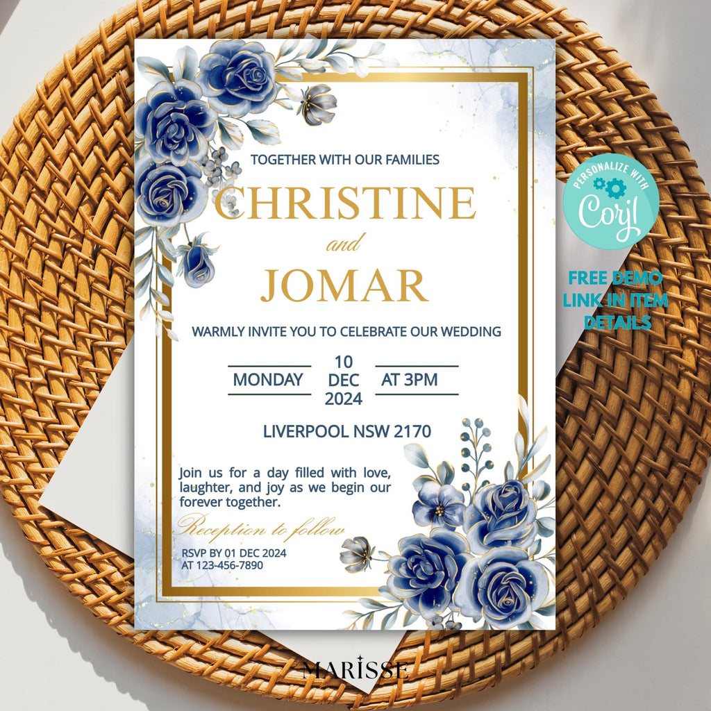 Editable Blue Gold Floral Wedding Invitation Elegant Printable Wedding Card Digital Download Classic Navy Wedding Invite | CJ004