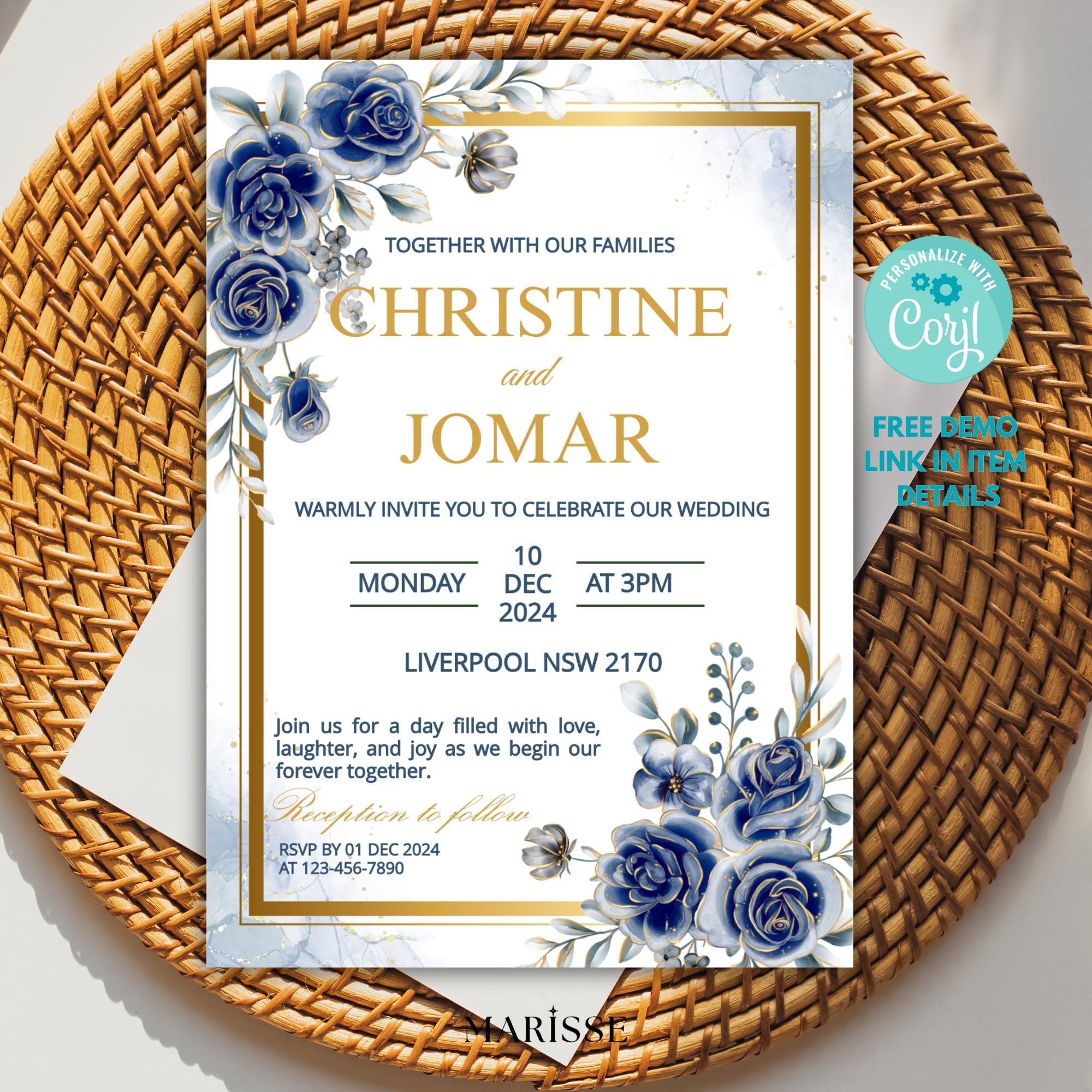 Editable Blue Gold Floral Wedding Invitation Elegant Printable Wedding Card Digital Download Classic Navy Wedding Invite | CJ004