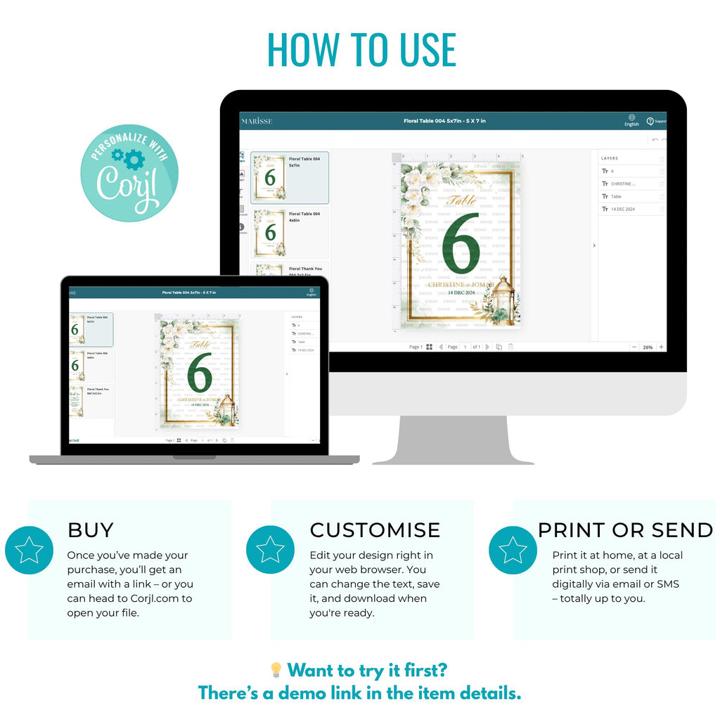 Editable Green Floral Table Number Card with Lantern Elegant Wedding Table Numbers Digital Download  Botanical Reception Decor | CJ003