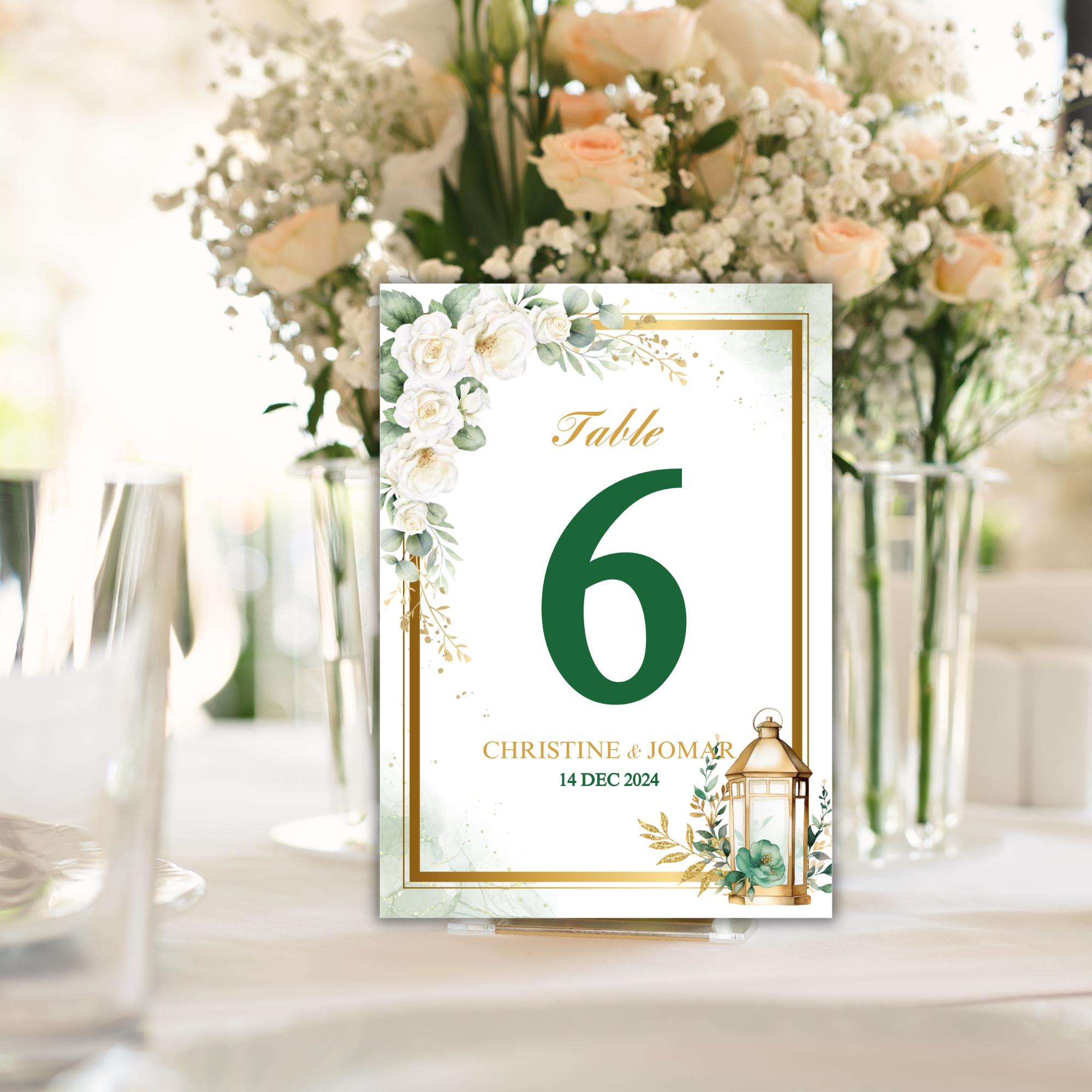 Editable Green Floral Table Number Card with Lantern Elegant Wedding Table Numbers Digital Download  Botanical Reception Decor | CJ003