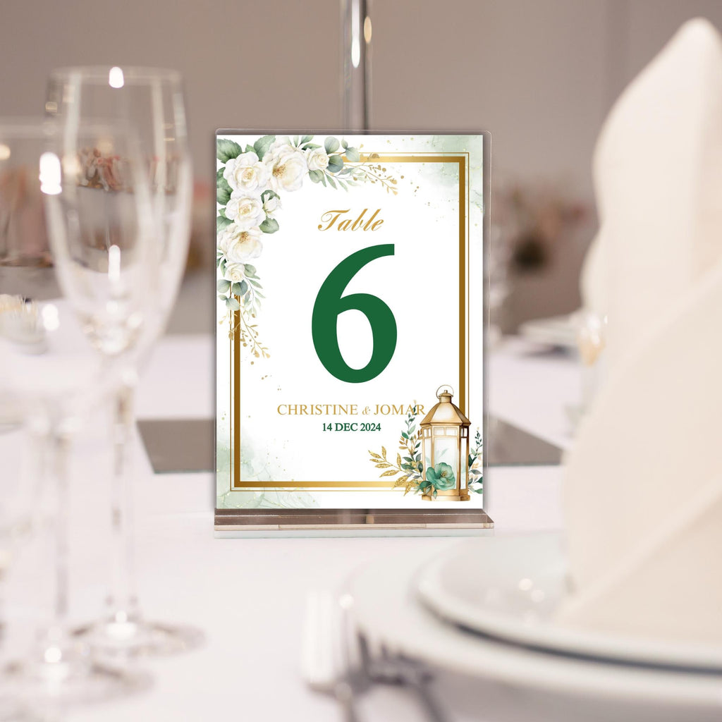 Editable Green Floral Table Number Card with Lantern Elegant Wedding Table Numbers Digital Download  Botanical Reception Decor | CJ003