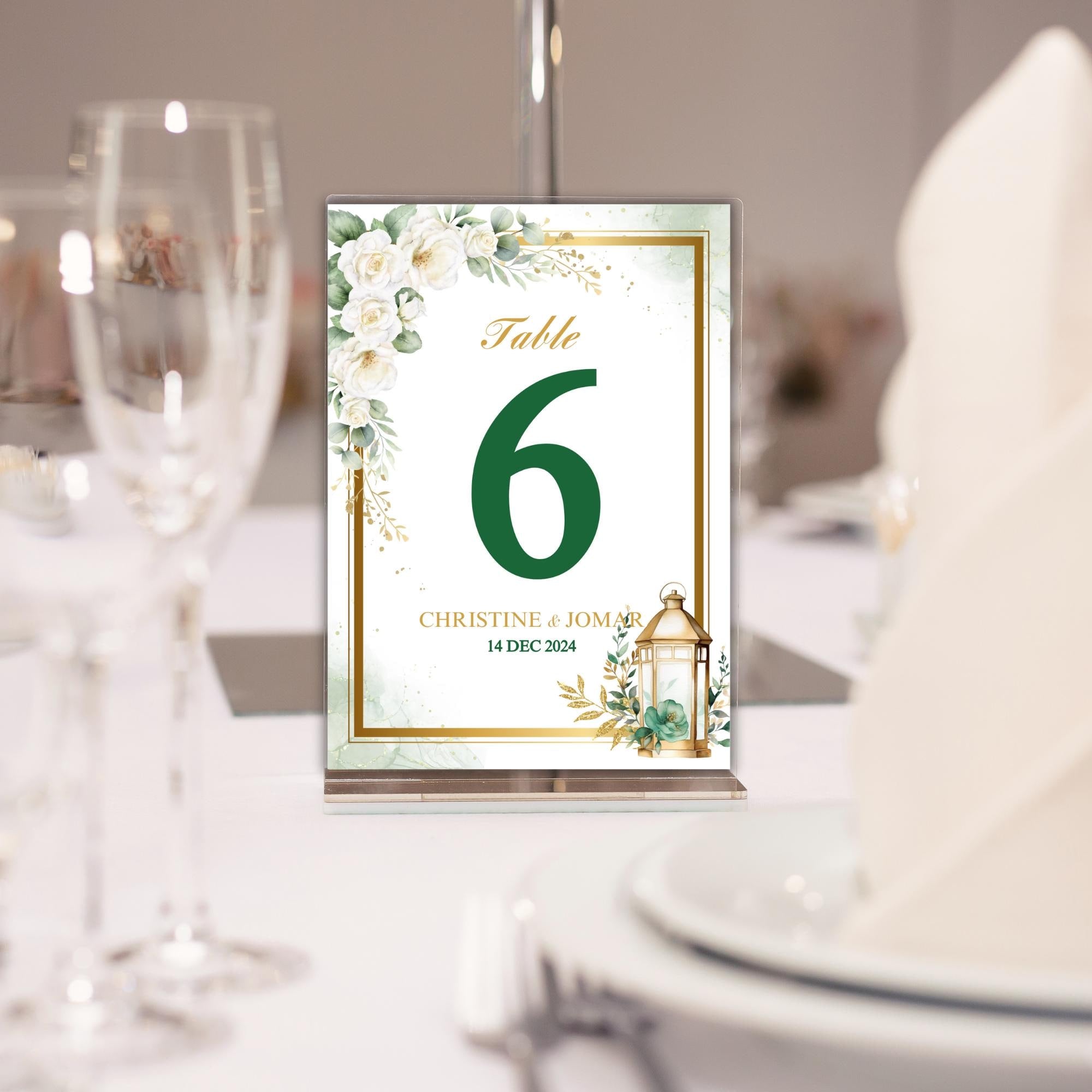 Editable Green Floral Table Number Card with Lantern Elegant Wedding Table Numbers Digital Download  Botanical Reception Decor | CJ003