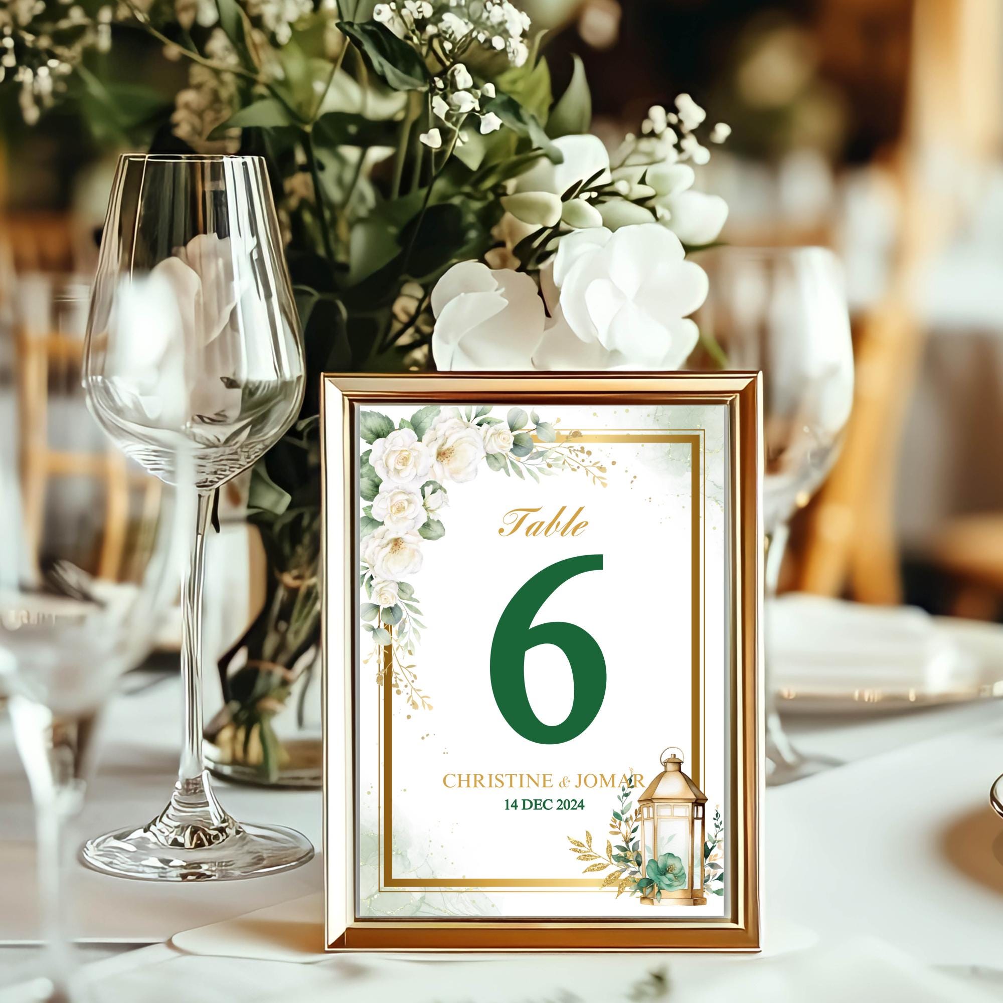 Editable Green Floral Table Number Card with Lantern Elegant Wedding Table Numbers Digital Download  Botanical Reception Decor | CJ003